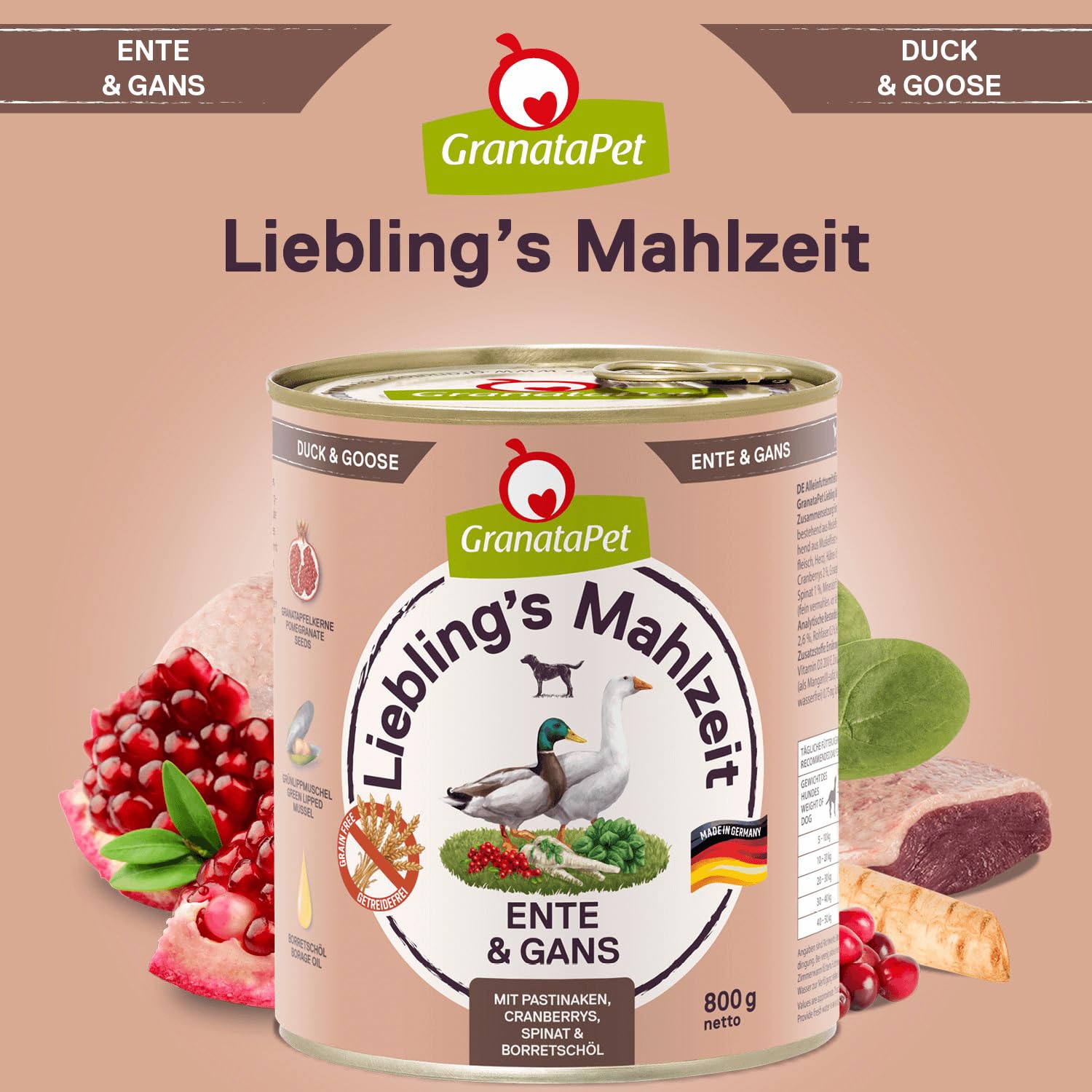 GranataPet Liebling's Mahlzeit kaczka i gęś, mokra karma dla psów, karma dla psów bez zbóż i bez dodatków cukru, mieszanka paszowa pełnoporcjowa, 12 x 800 g