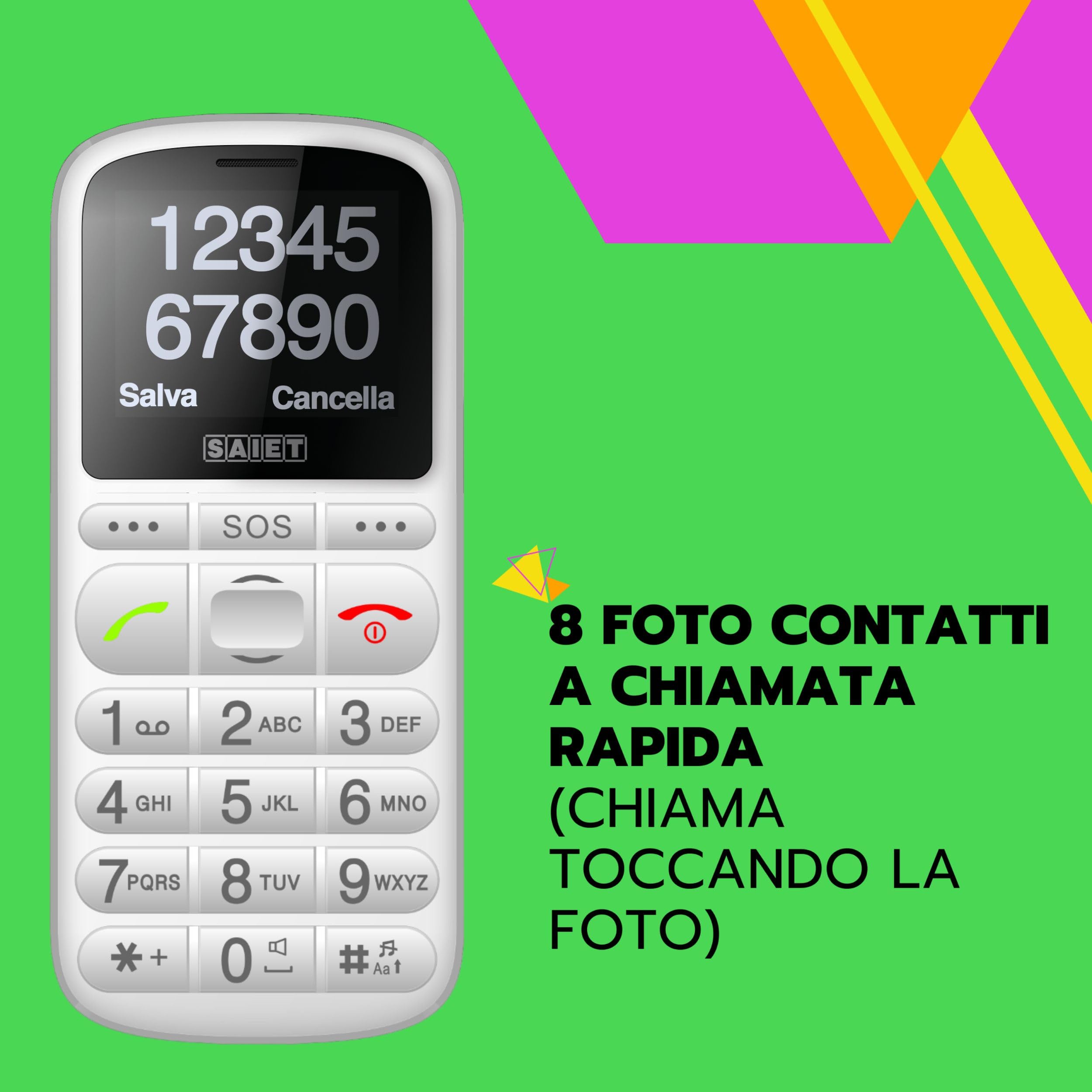 SAIET - Cellulare per Senior Facile da Usare PRONTO MAX - Telefono per Anziani con Tasti Parlanti e Caratteri Grandi - Bianco