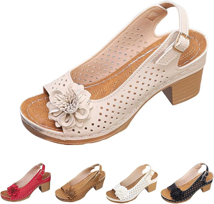 Chunky High Block Heels Sandals for Women Summer Flower Ankle Strap Hollow Out Platform Wedge Open Toe Sandals