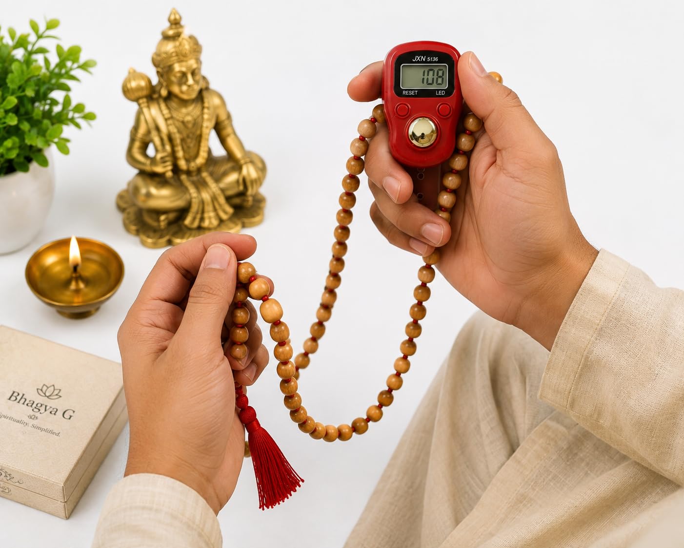 BhagyaG Tulsi Mala with Digital Jaap Counter | 108 Beads Natural Tulsi Wood Prayer Mala | Handheld Finger Counter for Mantra Chanting, Meditation, Yoga, Pooja & Spiritual Practice-picture-19