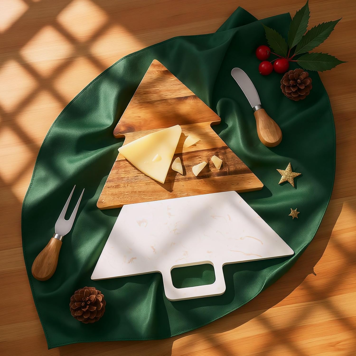 Christmas Tree Shaped Marble Charcuterie Cutting Serving Board with Cheese Utensils Cutting Board with Marble and Natural Wood for Kitchen Wedding Anniversary Bridal Shower Housewarming Gift