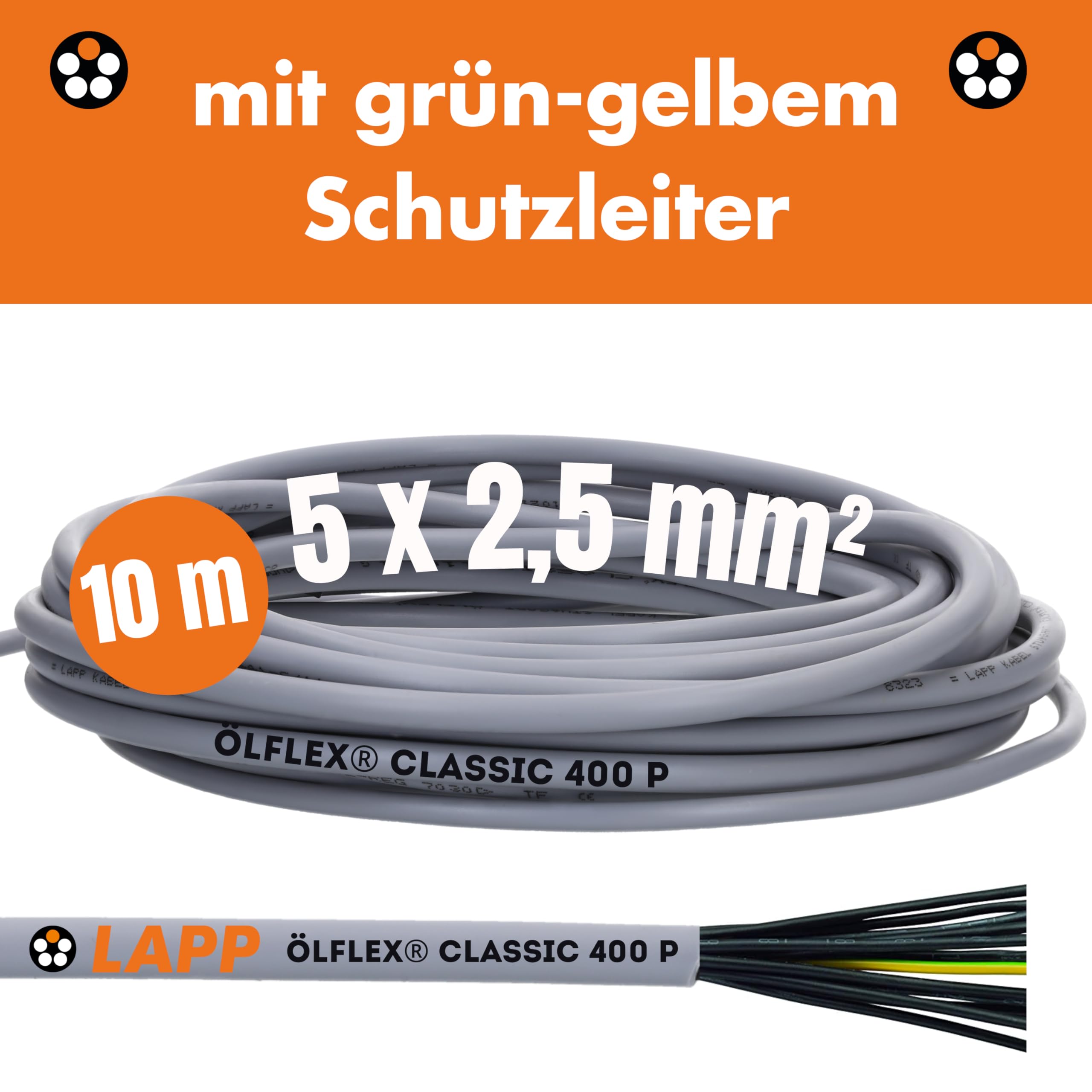 Lapp 1312405 Ölflex Classic 400 P - Cable de Control PUR 5 x 2,5 mm², 10 m | Cable de conexión gris resistente a rayos UV, aceites y abrasión, apto para maquinaria industrial y control técnico.