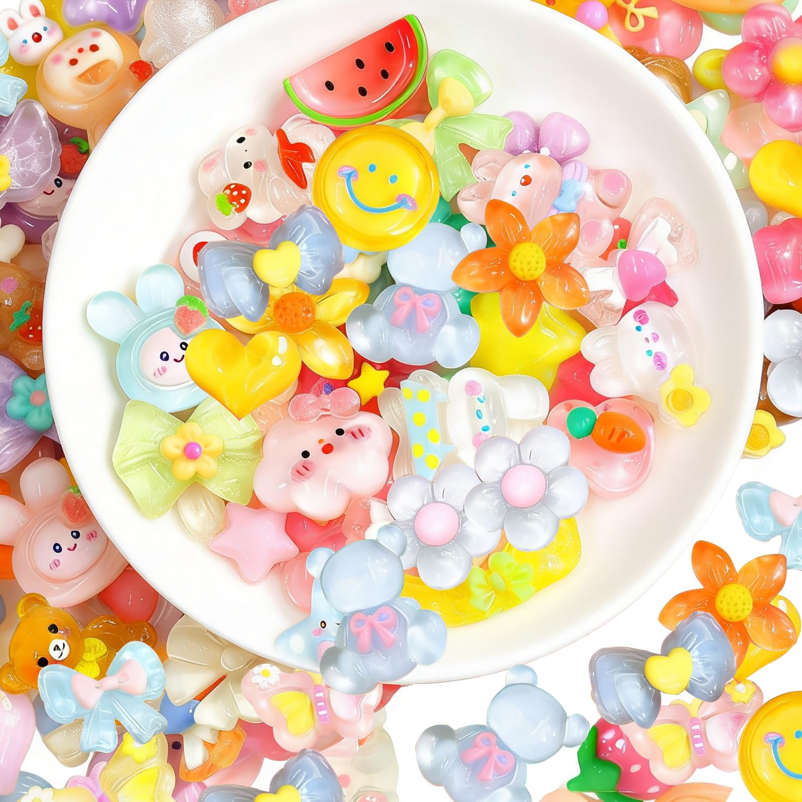 100 PCS Cute Slime Charms Animals Fruits Resin Charms Mixed Colors for Crafting, Phone Cases, DIY Nails, Hairband, Hairpin, Scrapbooking