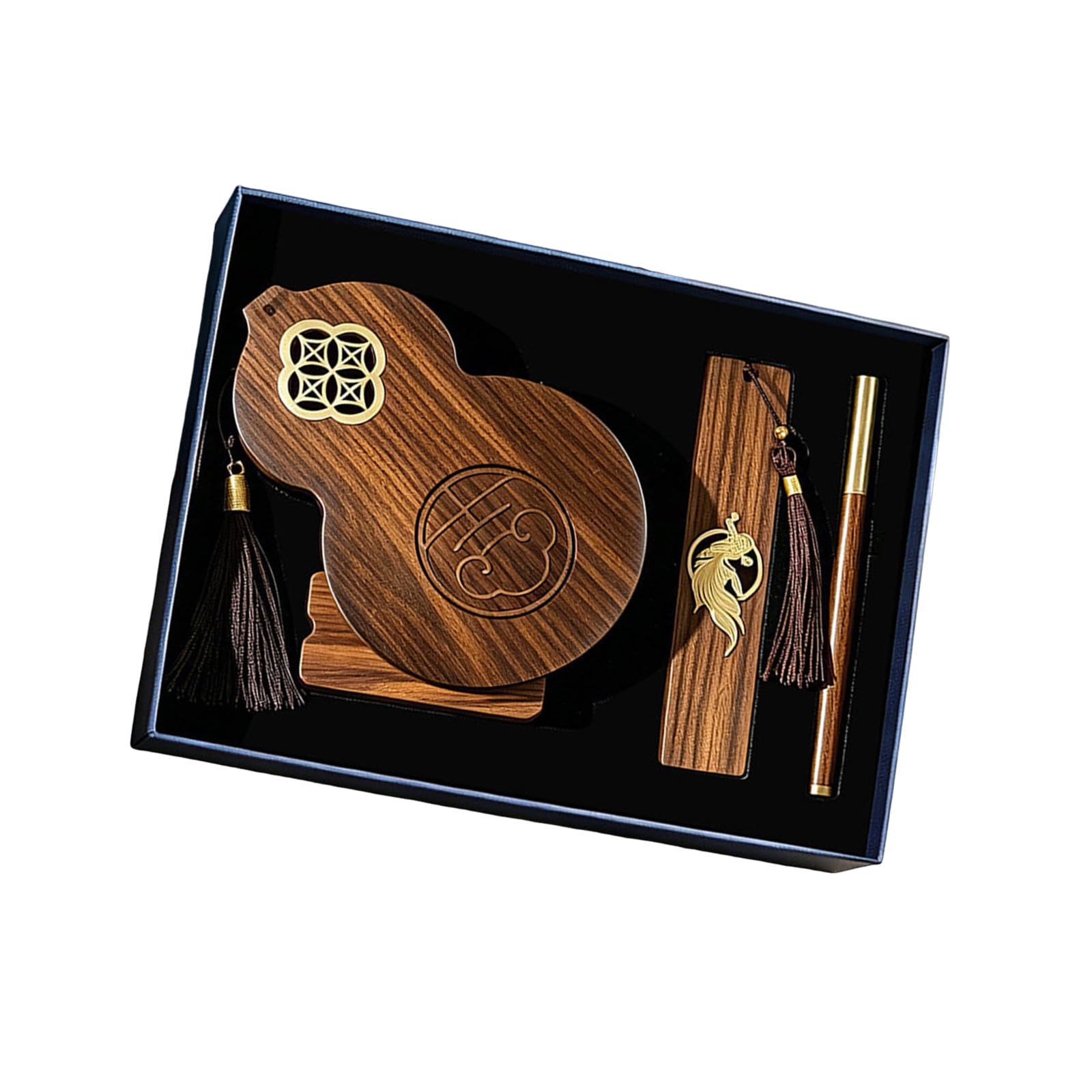 Set portapenne da scrivania in legno con segnalibro e penna, A | Organizer ispirazione cinese con aspetto legno per scrivanie da studio e da lavoro