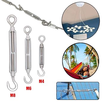 Turnbuckles Hook, Reedny 304 Stainless Steel Turnbuckle Heavy Duty M4 M6 M8 Hook and Eye Turnbuckle for Cables Wire Rope Tension 5/32 1/4 5/16 for Sun Shade Fence Tent Rope Installation(M4, 4Pcs)