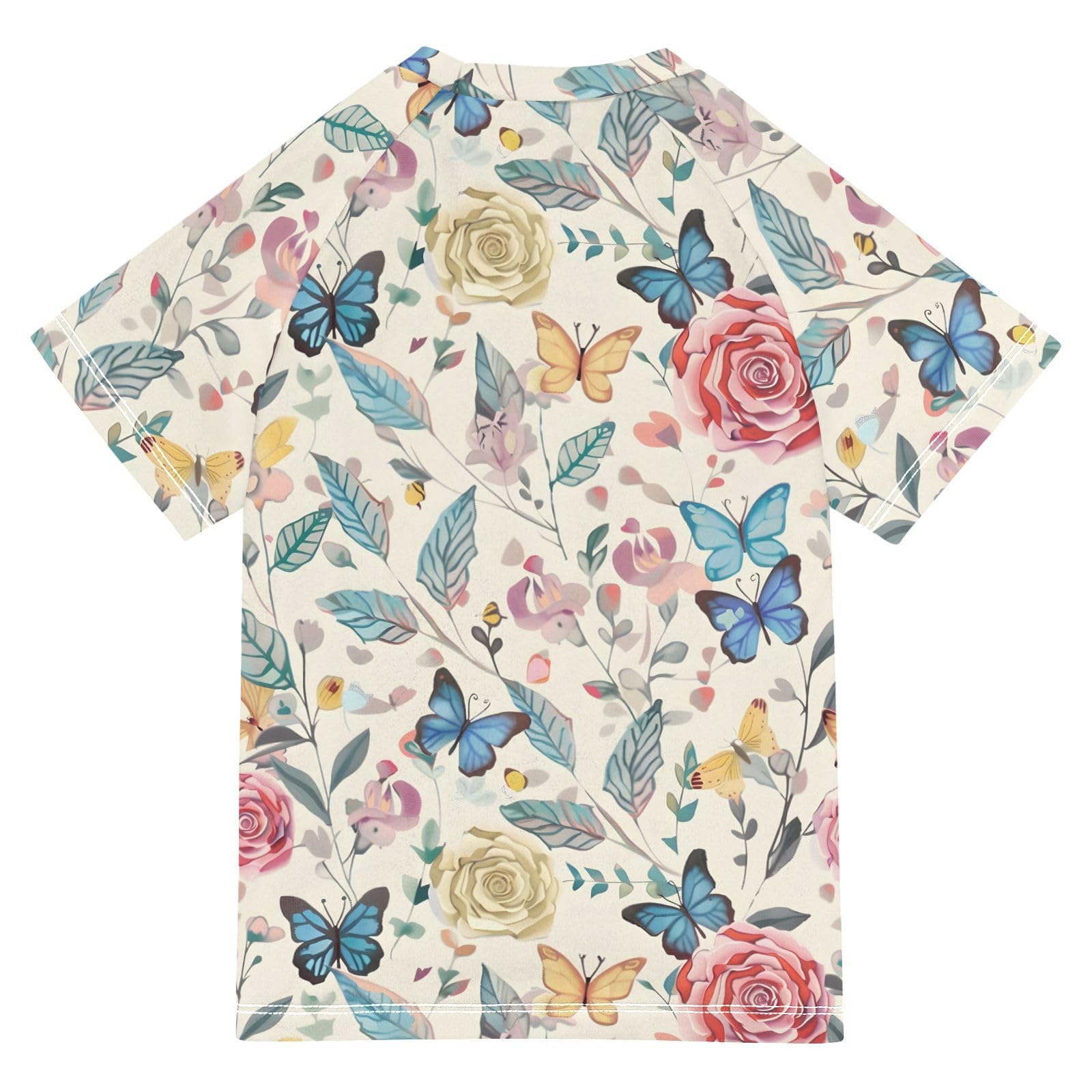 ALAZA Kids Rash Guard Boys Toddler Swim Shirts Short Sleeve Rose Butterfly Cream UPF 50+ 3T