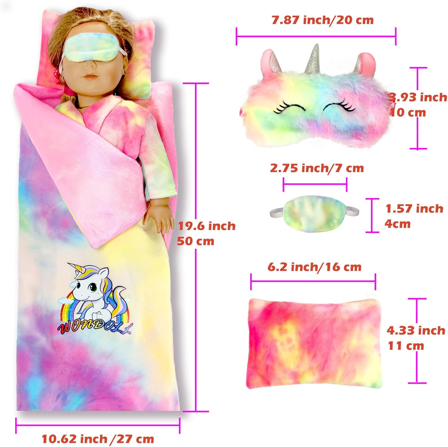 18-inch Doll Clothes and Doll Sleeping Bag Set with Matching Sleepover Masks & Pillow