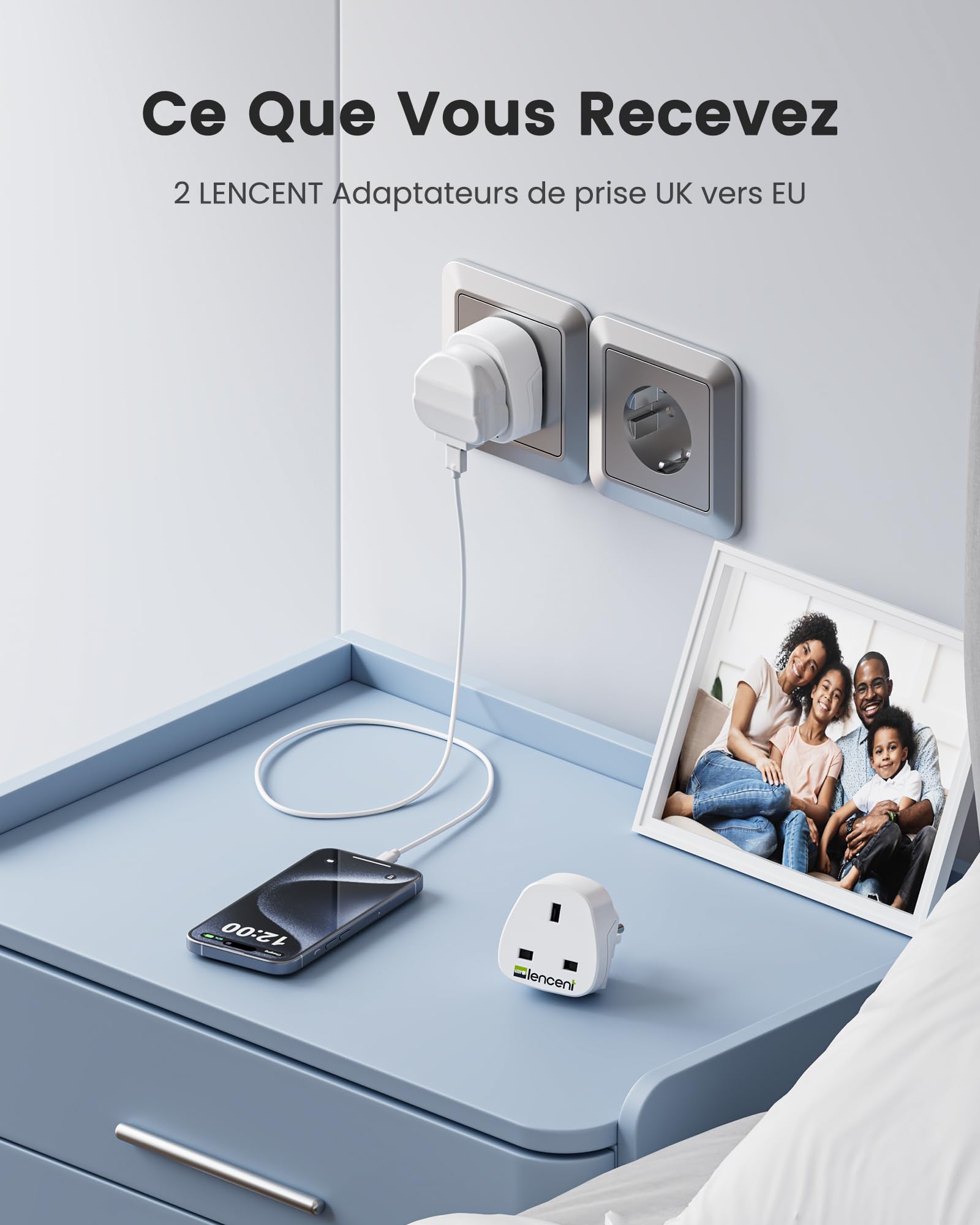 LENCENT Adaptateur Prise UK vers France/Europe, Prise Type G vers Type E, Adaptateur pour appareils électriques Britanniques vers la France, Prise Anglaise vers française 2 Pièces