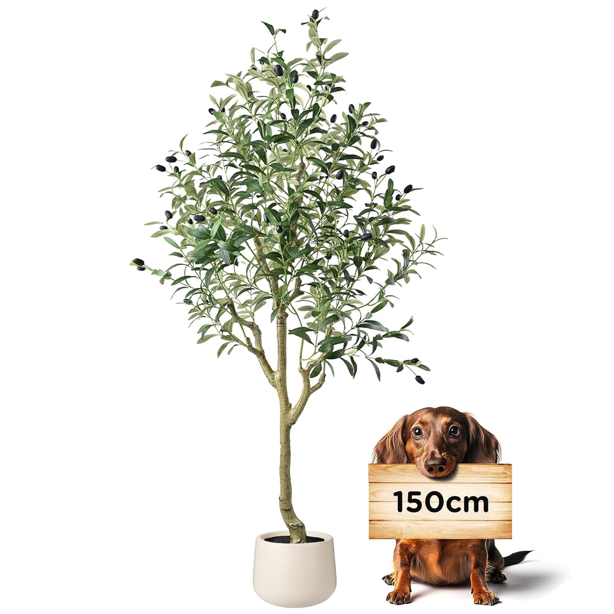 Sztuczne drzewo oliwne z doniczką, 150 cm, sztuczna roślina, jak prawdziwa, bujna, sztuczna roślina, drzewo oliwne, dekoracja do salonu, sypialni, biura