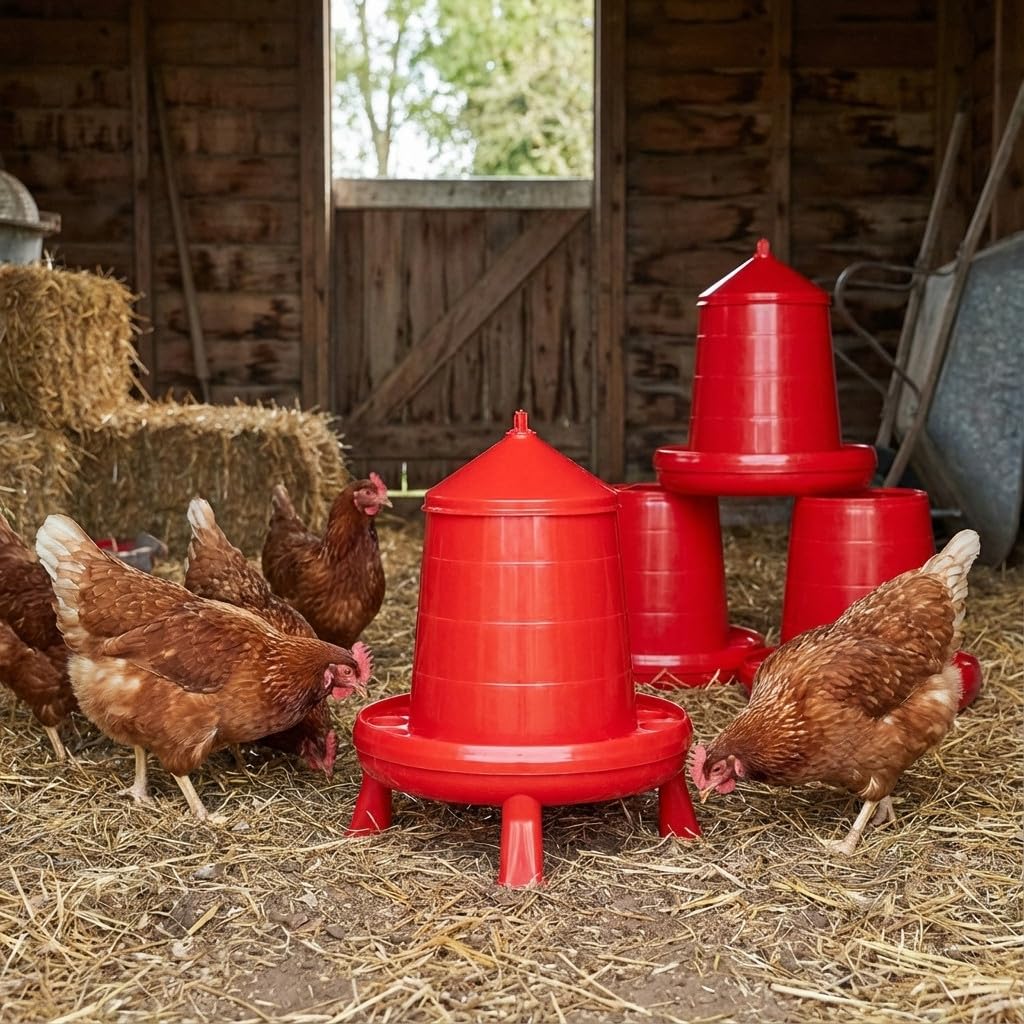 Suinga Pack 5 Tolvas Comedero con Patas para Aves y Gallinas de 4 Kg | 30x30x50 cm | Antidesperdicio y Resistente | Colgantes o Fijas | Color Rojo
