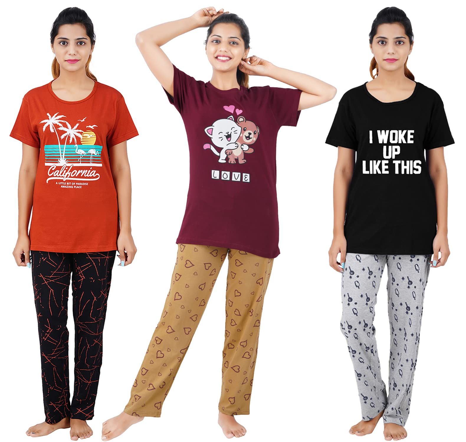 Womens Cotton Printed Top and All Over Print Pyjama Set/Pajama Night Suit Set/Sleep wear Set/Loungewear Set Combo Pack California Rust I Woke Black Love Maroon-image-17
