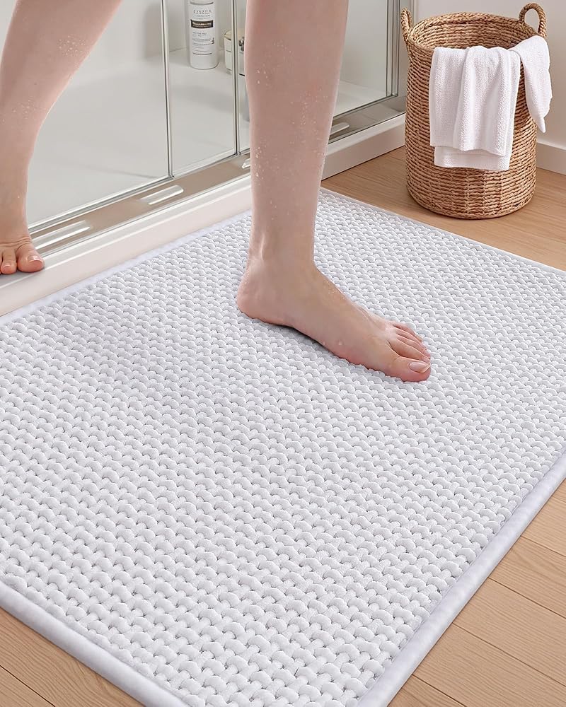 color&geometry chenille rubber backed white bathroom rugs- non slip, absorbent, quick dry, washable- 23.5"x35.5" large bath mat thin bathroom rugs fit under door 23.5"x35.5" (large) white