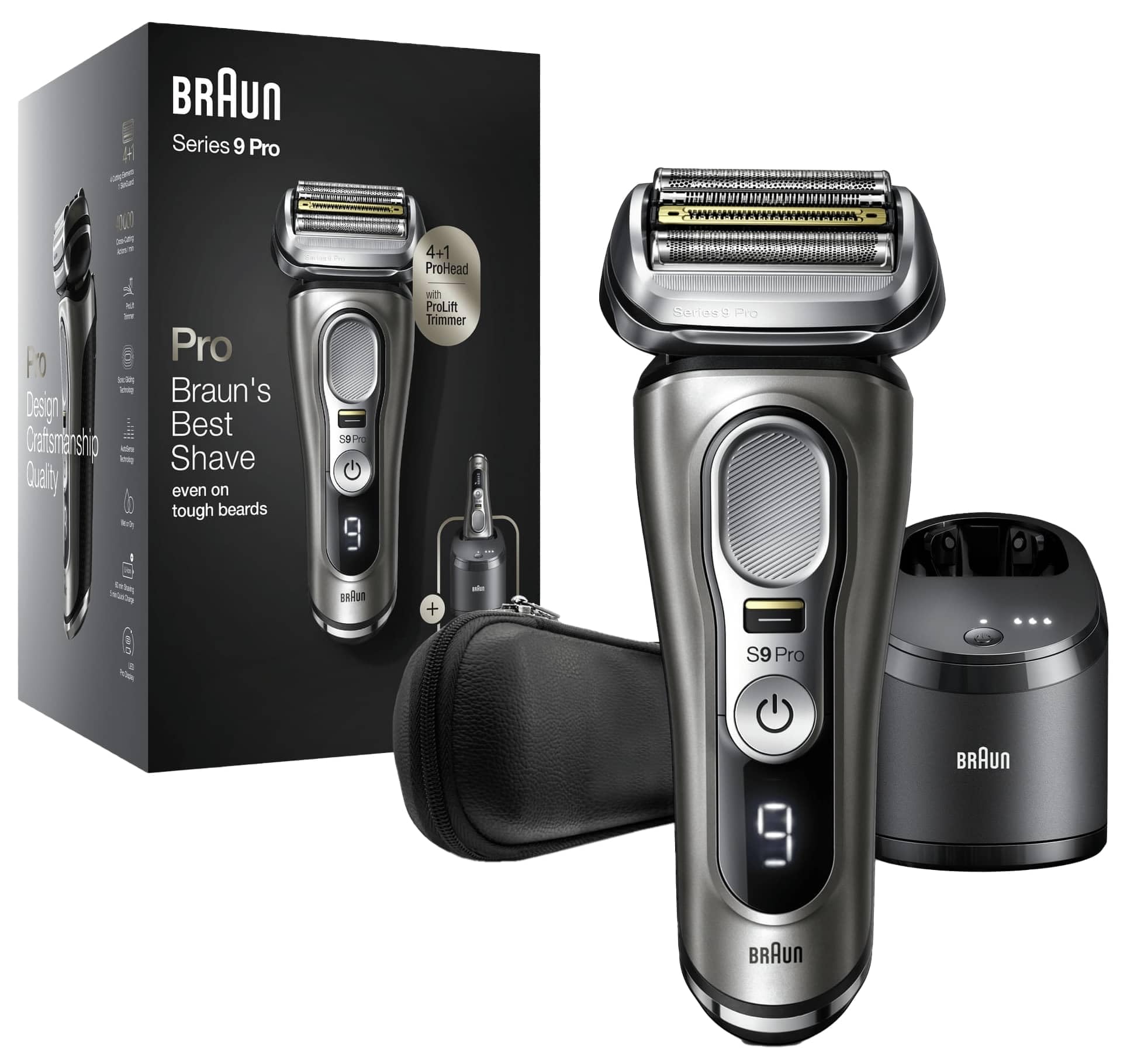 Braun Series 9 Pro Afeitadora Eléctrica Hombre, Máquina de Afeitar Barba con Cabezal 4+​1 ProLift Trimmer, Estación de Limpieza 5 en 1, 60 minutos de autonomía, Uso en Seco y Mojado, 9465cc, Cromo