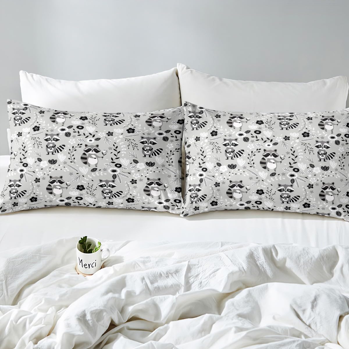 Erosebridal Full Size Raccoon Sheet Set Cartoon Animal Bed Sheets Set Botanical Flowers Woodland Theme Sheets for Kids Boys Girls Bedroom - Grey Black White Fitted Sheet + Top Sheet + 2 Pillowcases
