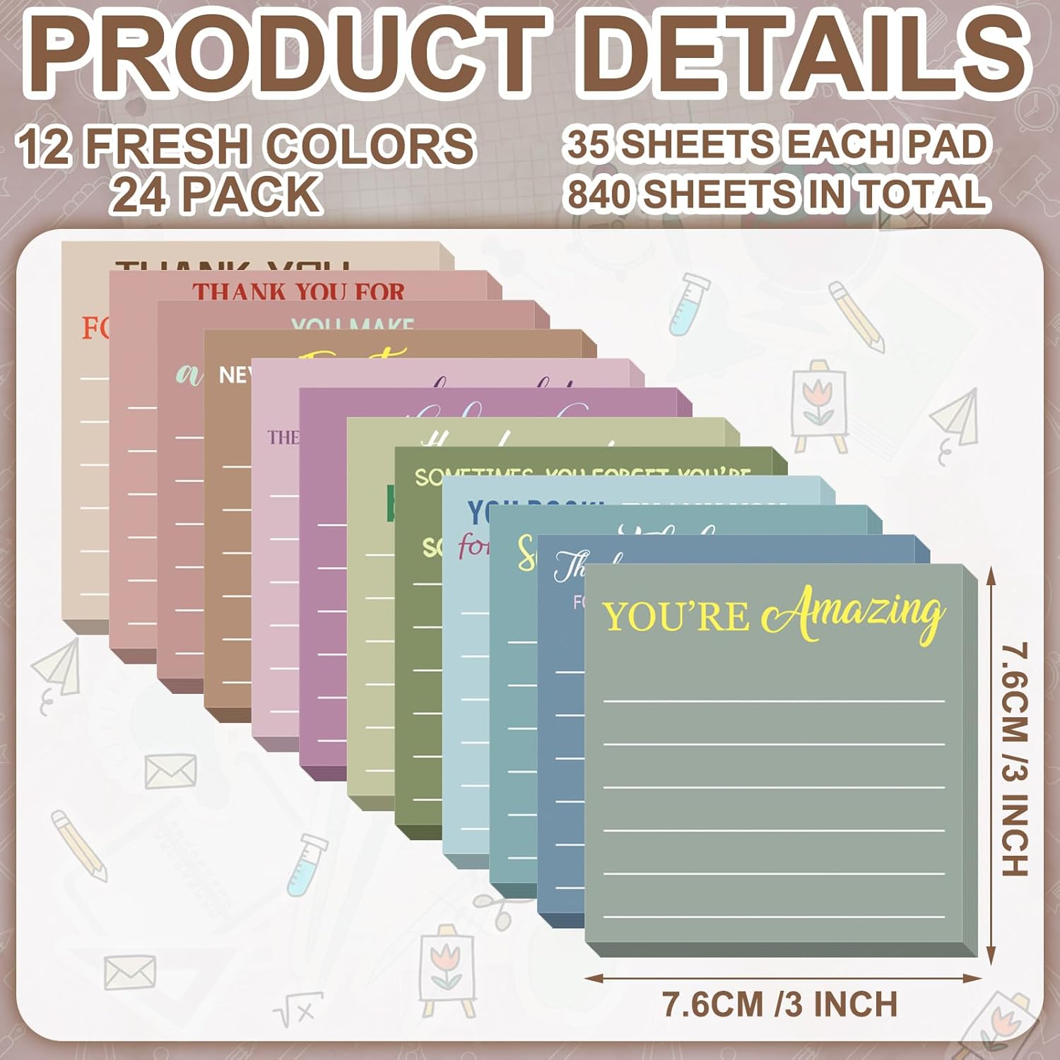 Yinder 48 Pcs Inspirational Sticky Notes - Employee Appreciation Thank You Gifts Bulk, 3x3 Mini Pocket Notepads for Teacher Office Staff End of Year Motivational Supplies (Appreciation,Morandi)