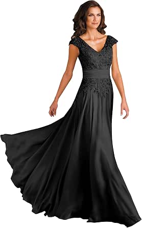 Women's V-Neck Lace Applique Dress - Mother Of The Bride Gown, Sleeveless Chiffon Long Dress