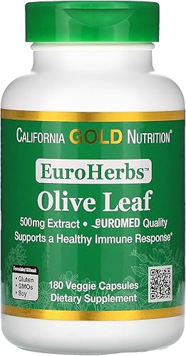 Extracto de hoja de olivo 500 mg, 18% de oleuropeína, calidad europea procesada en España, 180 cápsulas vegetales, California Gold Nutrition