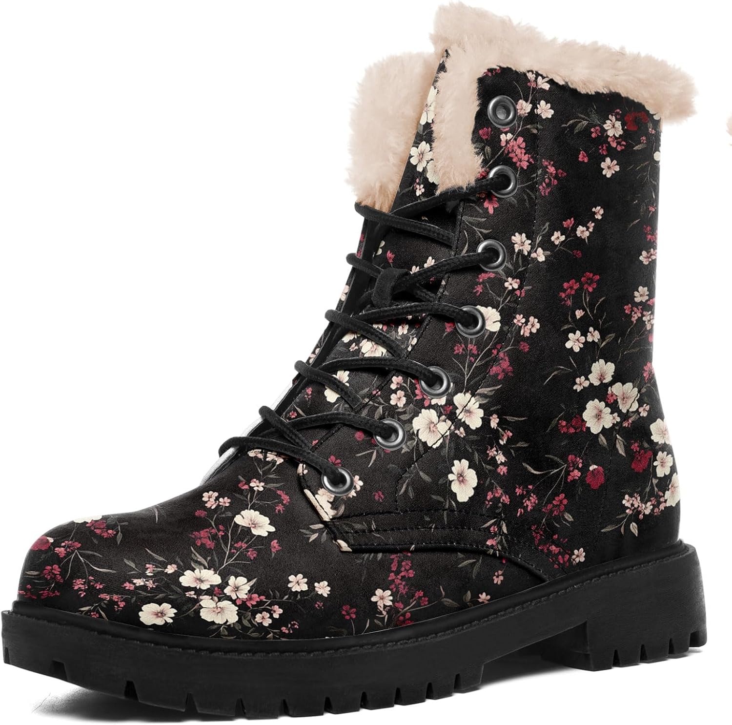 Retro Floral Winter Boots for Women, Soft Fleece Lining Vintage Flower Print Lace-Up Combat Boots Platform Booties