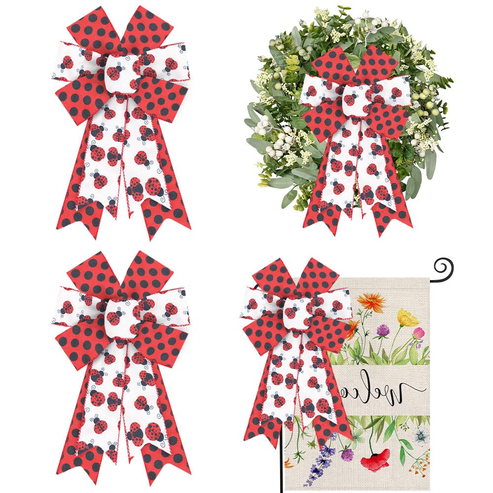 ALIBBON 2Pcs Ladybird Bows for Wreaths, Summer Wreath Bows, Red Black Dots Bows, Insect Bows for Crafts, Garden Summer Decor, Red White Bows for Wreath Indoor Outdoor Decorations