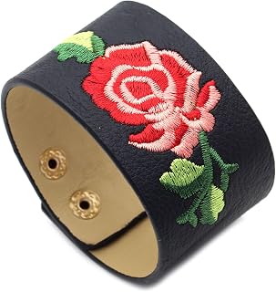 Punk Rock Flower Print Pattern Wristband Wide Leather Cuff Bracelet