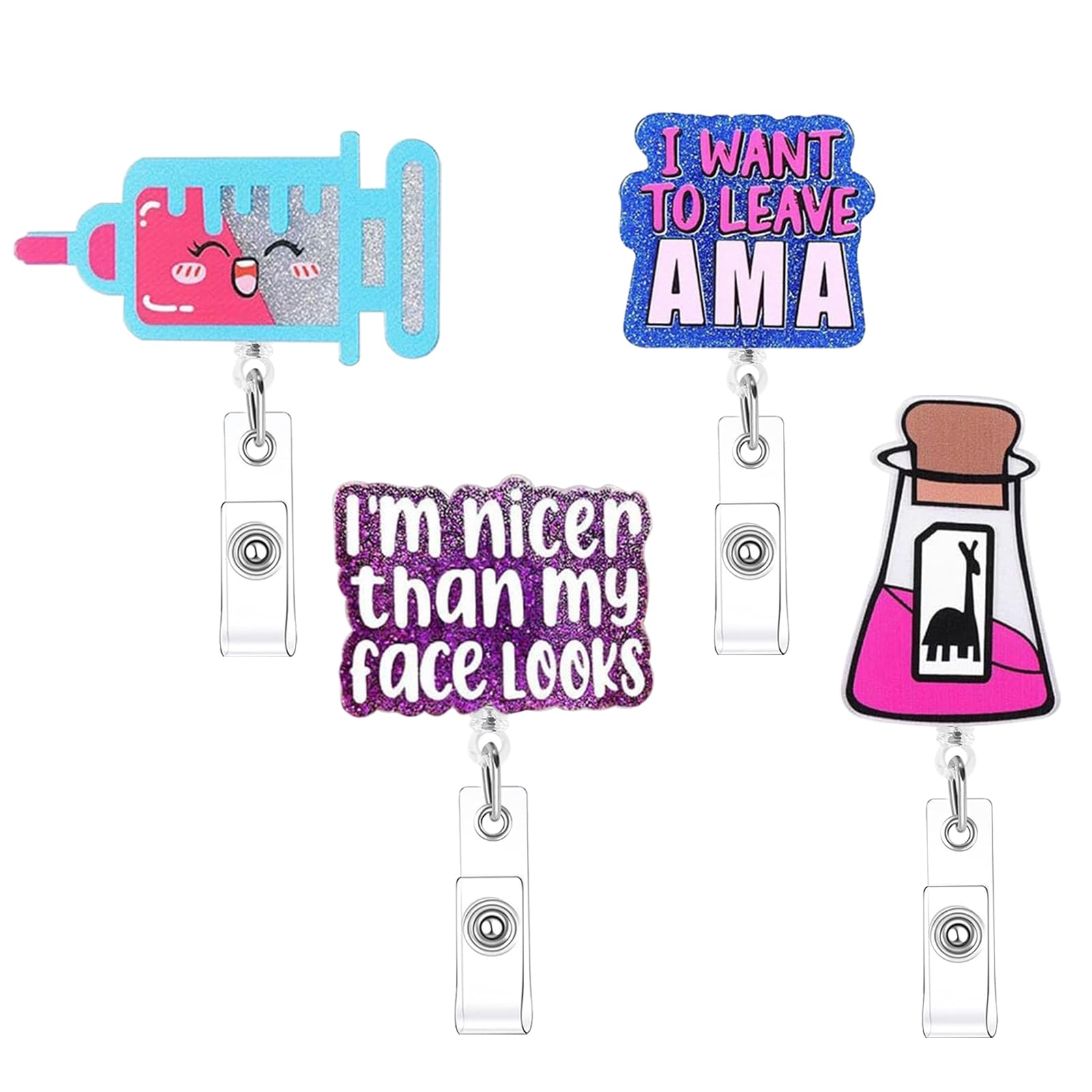 Funny Nurse Badge Reel-Retractable Badge Holder with Swivel Alligator Clip Cute Nursing Badge Holder 4PCS ID Badge Clip for Nurses, Teachers, Students,Nurses, Office Workers
