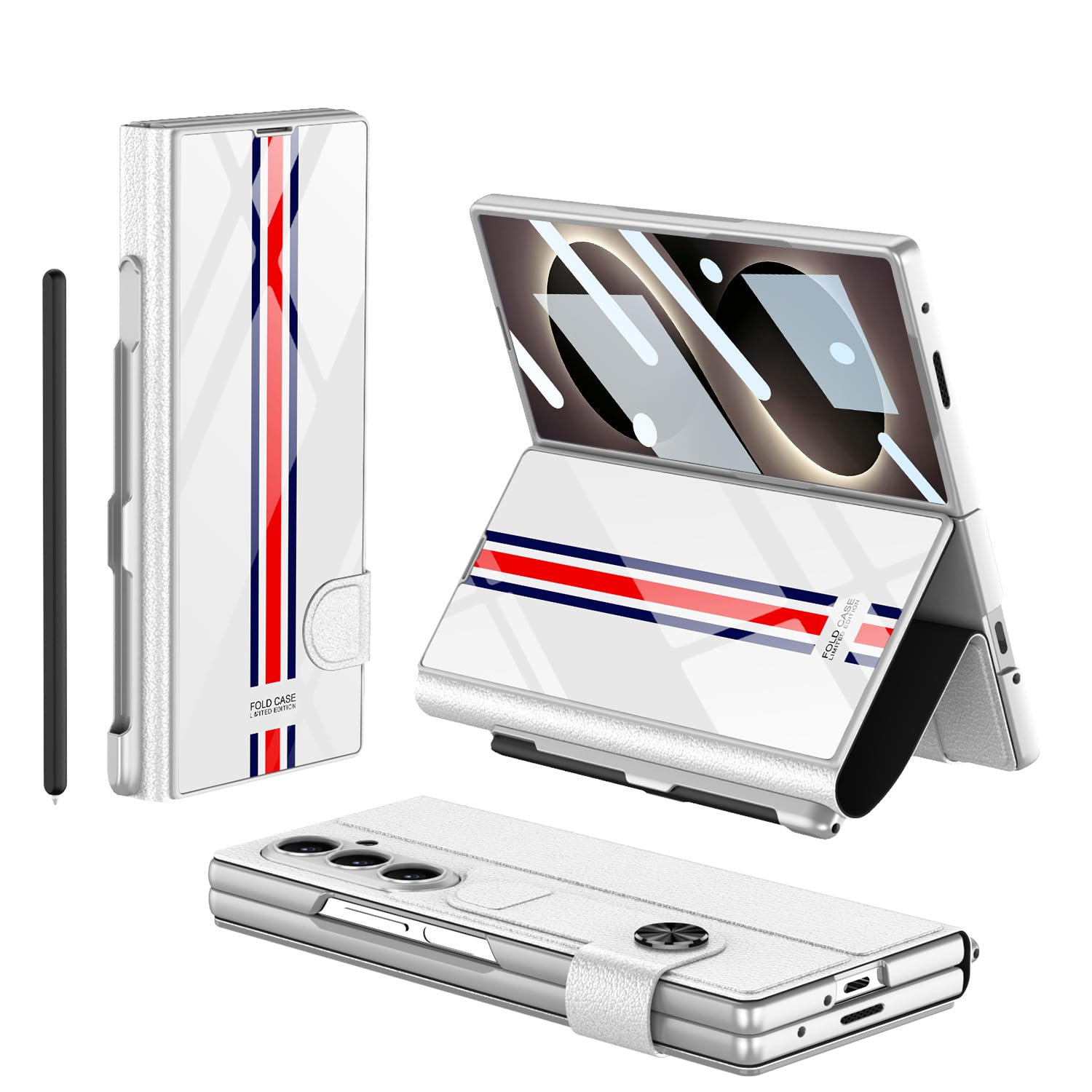 COQUE Galaxy Z Fold 8 Ultra z folią, skórzane etui z klapką i szkłem z miejscem na długopis, uchwyt do Samsung Galaxy Z Fold 8 Ultra-White Limited