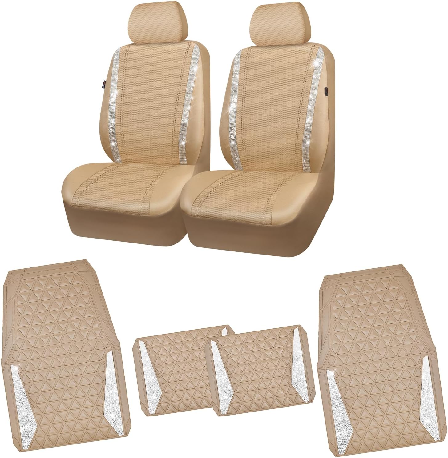 CAR PASS Leather Diamond Bling Car Seat Covers 2 Front Interior Sets, Car Mats Diamond Rubber Floor Mats Full Set Universal Shining Glitter Crystal Sparkle Fit Cute Women Girl, Beige Rhinestone