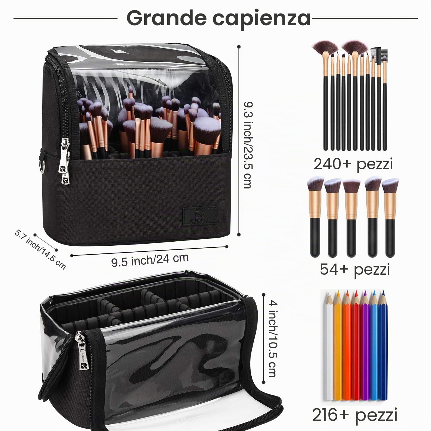 Trousse per pennelli da trucco, organizer multifunzionale per pennelli cosmetici con tracolla, organizer impermeabile per articoli da toeletta per donne e ragazze (nero, grande)