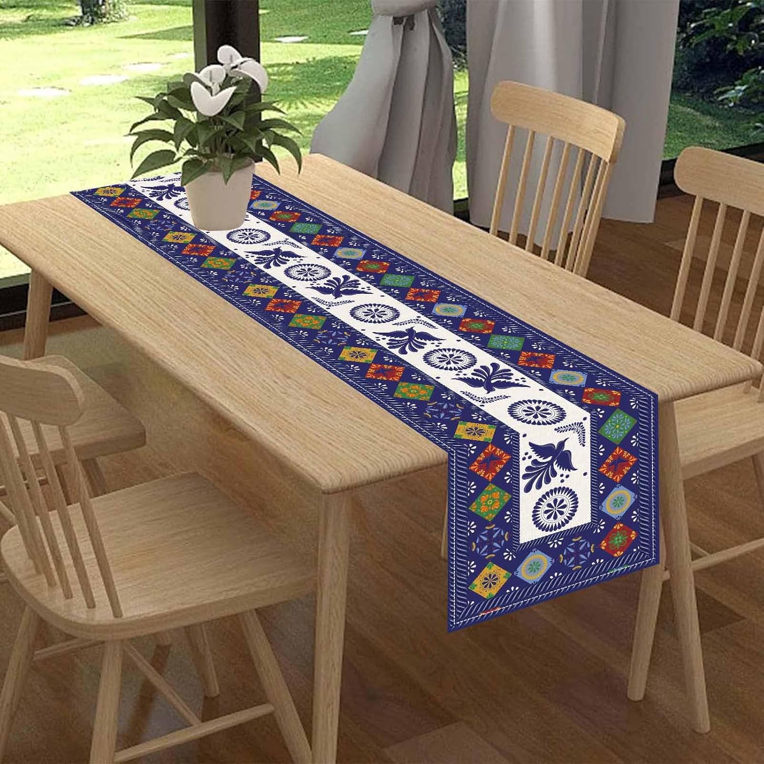 Floral Bird Mexican Table Runner,Mexico Talavera Dia De Los Muertos Blue Patchwork Tiles Kitchen Dining Table Decoration for Home Party Decor,13 x 108 Inch