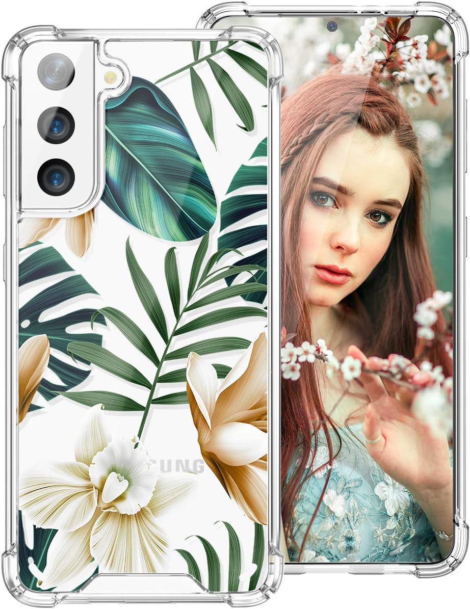 iDLike for Galaxy S21 Case for Women Girls, Clear Floral Flower Cute Design Hard Plastic Back + Soft TPU Bumper Protective Shockproof Phone Case for GalaxyS21 6.2 (Tropical)