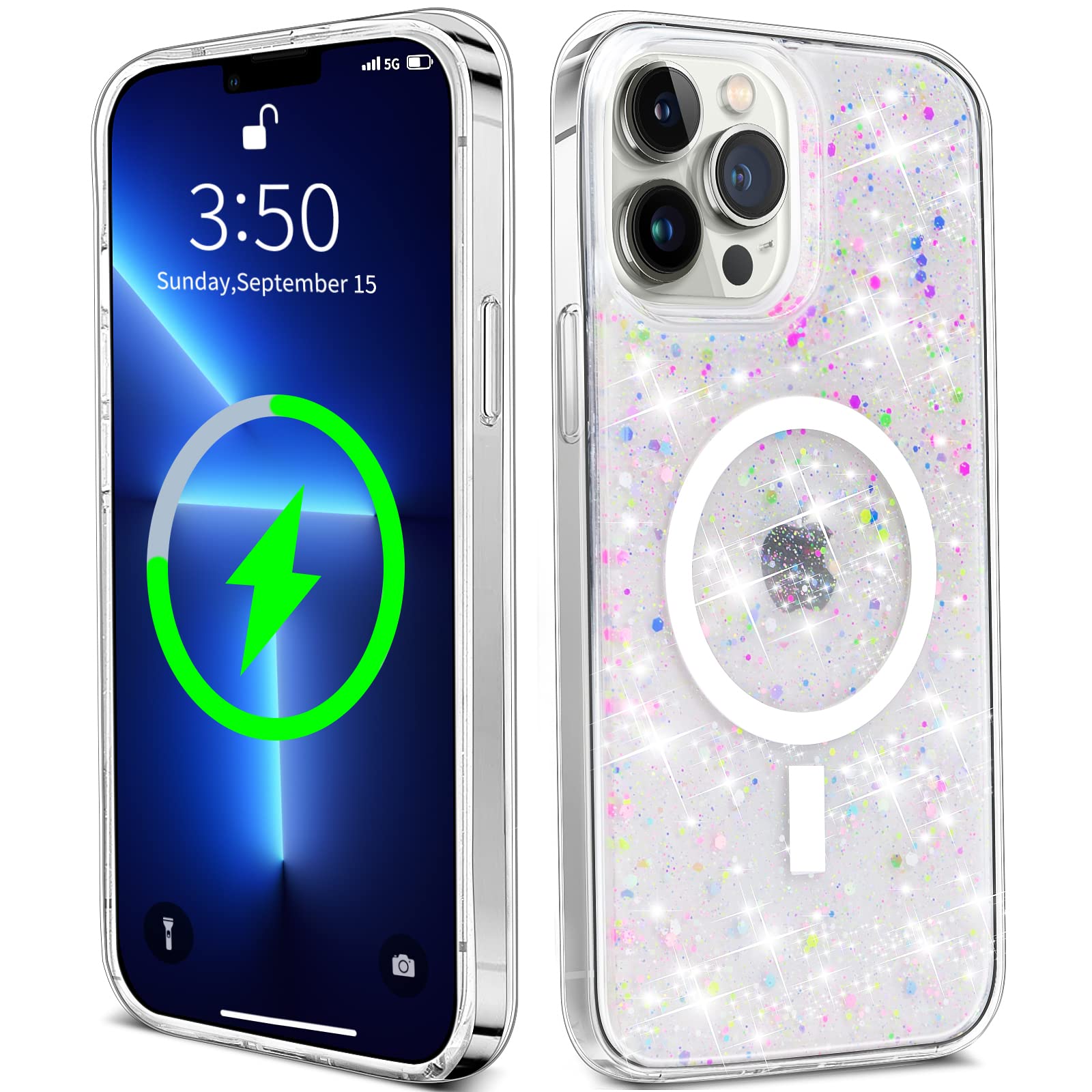 Glitter Magnetic Case for iPhone 13 Pro Max, Compatible with MagSafe Charger & Accessories, Luxury & Twinkle Phone Cover with Reflective Iridescent Bling Foil Elements, for Women Girl Gift(pink13pm)