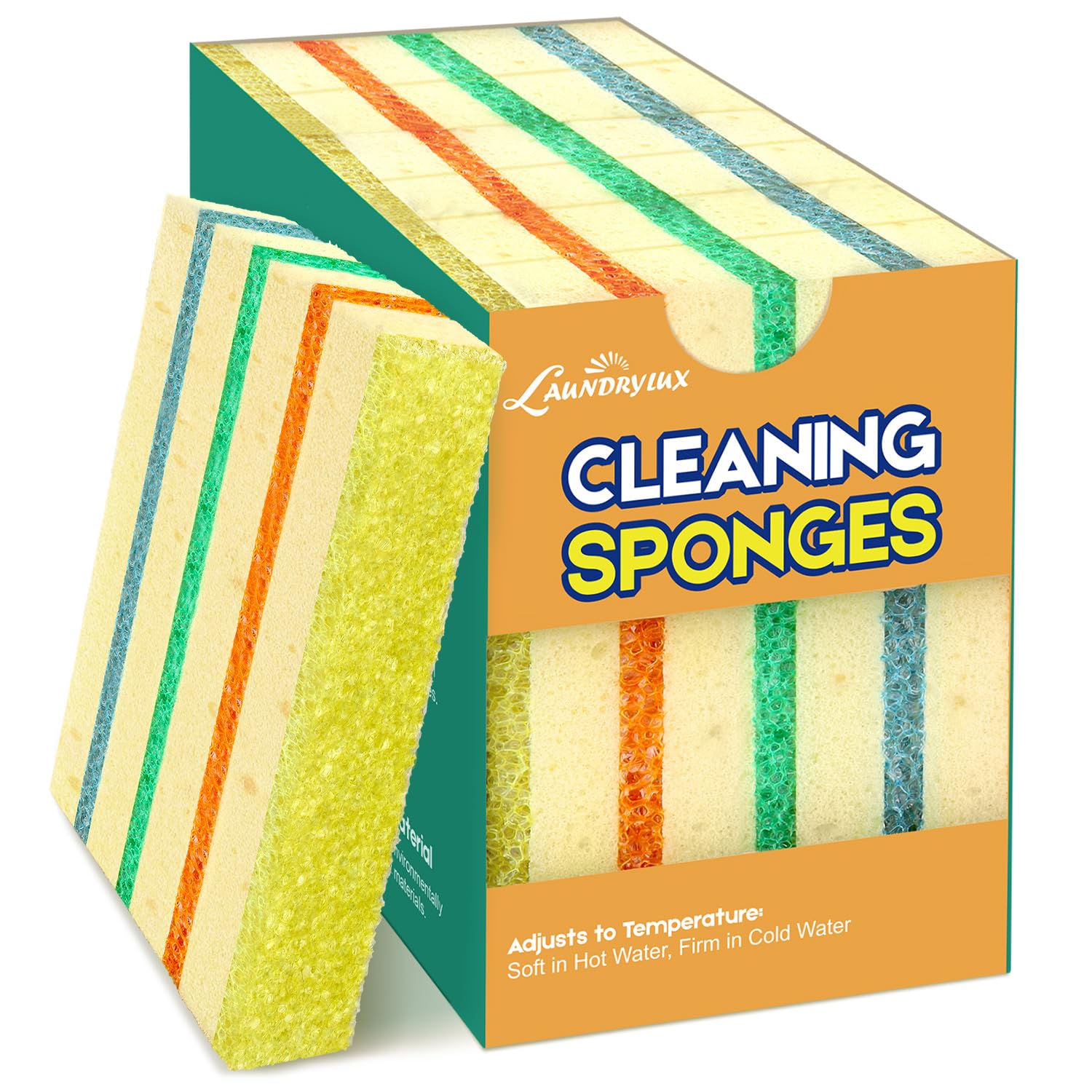 LAUNDRYLUX 4 Pack Scrub Sponge - Temperature-Responsive | 50% More Power &amp; Rinses Cleaner Cleaning Sponges, Multipurpose Dish Sponges for Kitchens, Bathrooms, and Outdoor Use