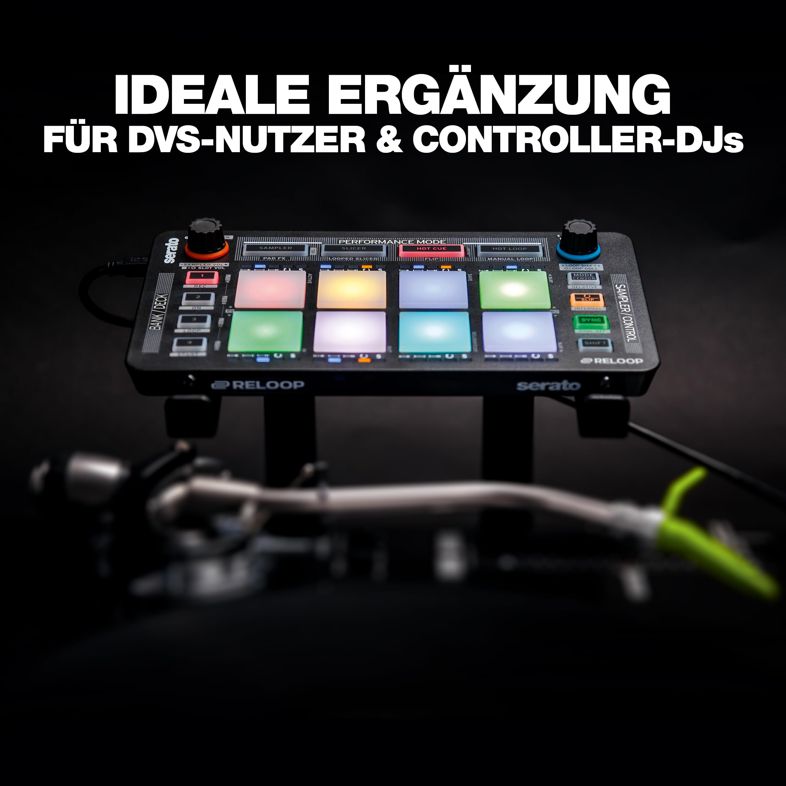 Reloop Neon - DJ MIDI Pad Controller mit 8 anschlagdynamischen RGB-Performance-Drumpads, Plug and Play mit Serato DJ Pro, (schwarz)