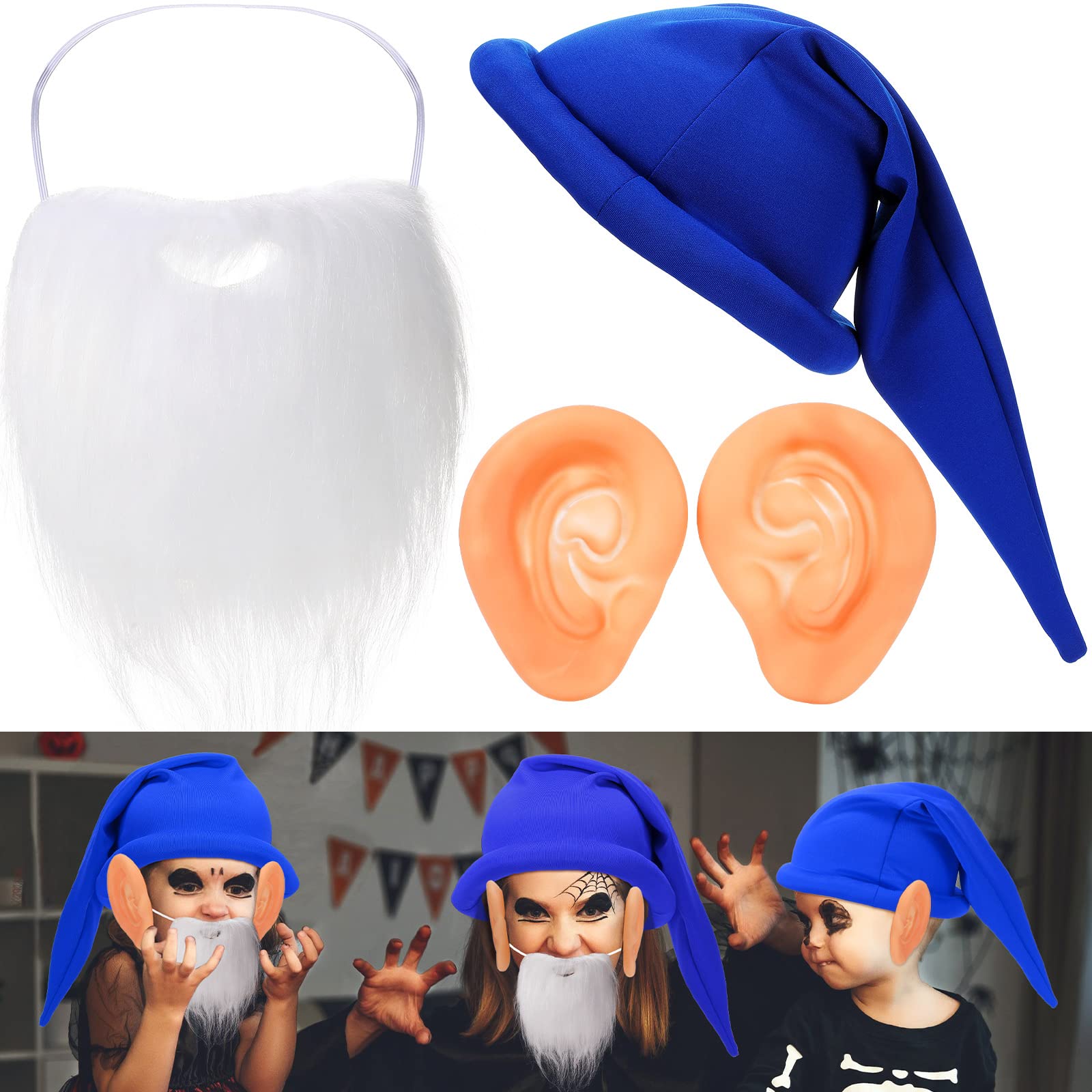 Zubebe 3 Pieces Halloween Dwarf Costume Accessories Dwarf Gnome Elf Hats Fake Beard Ears for Christmas Cosplay Party Favor