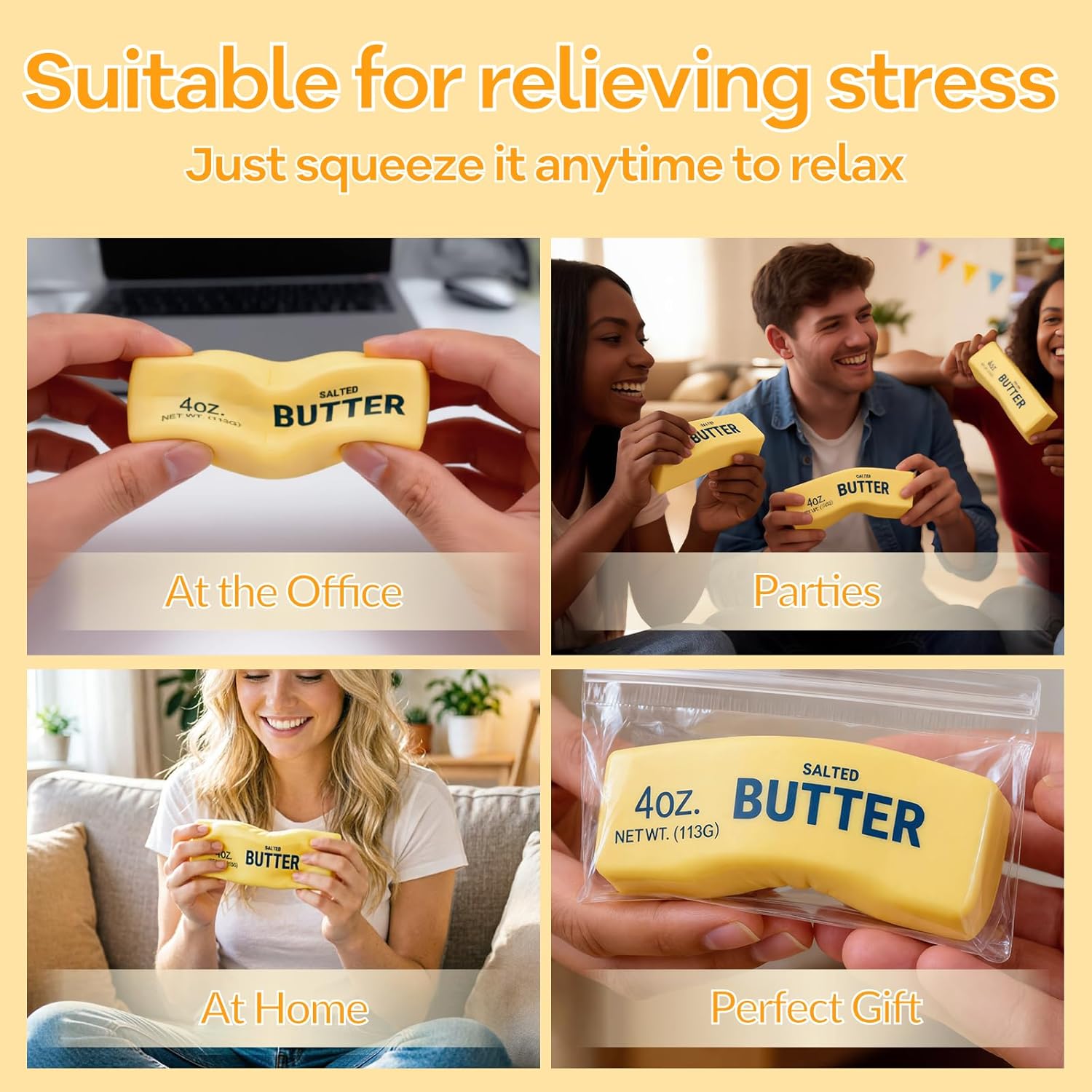 Butter Squishy– Slow Rising Squishy Butter Stick, Realistic Food Fidget Toys for Adults, Stress Relief & Anxiety Relief, Soft PU Material, Portable 5.5 Inch Squeeze Toys for Office & Home