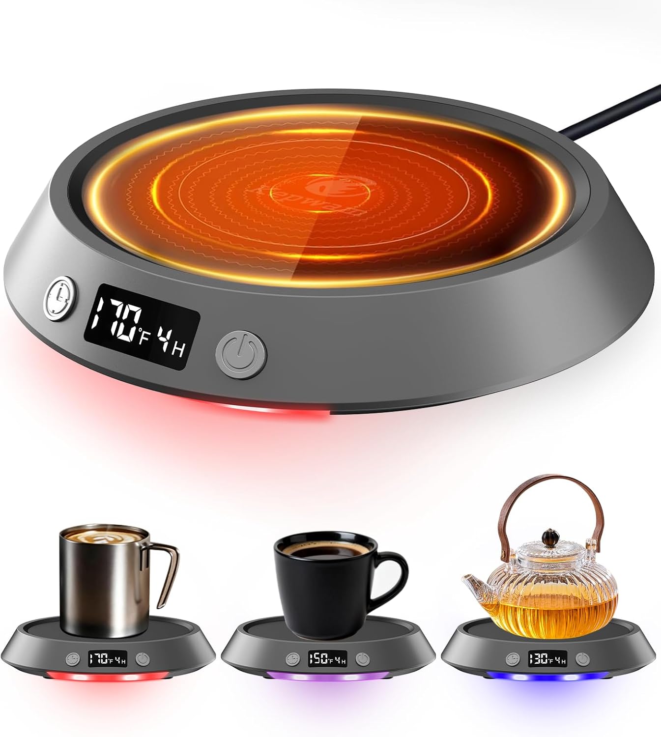 Kepwam Coffee Mug Warmer - 50W Electric Coffee Warmer for Desk 3 Temp Settings & 2-9 Timer Smart Cup Warmer for Desk Candle Warmer Plate with LED Lights Beverage Tea Milk Warmer for Home & Office