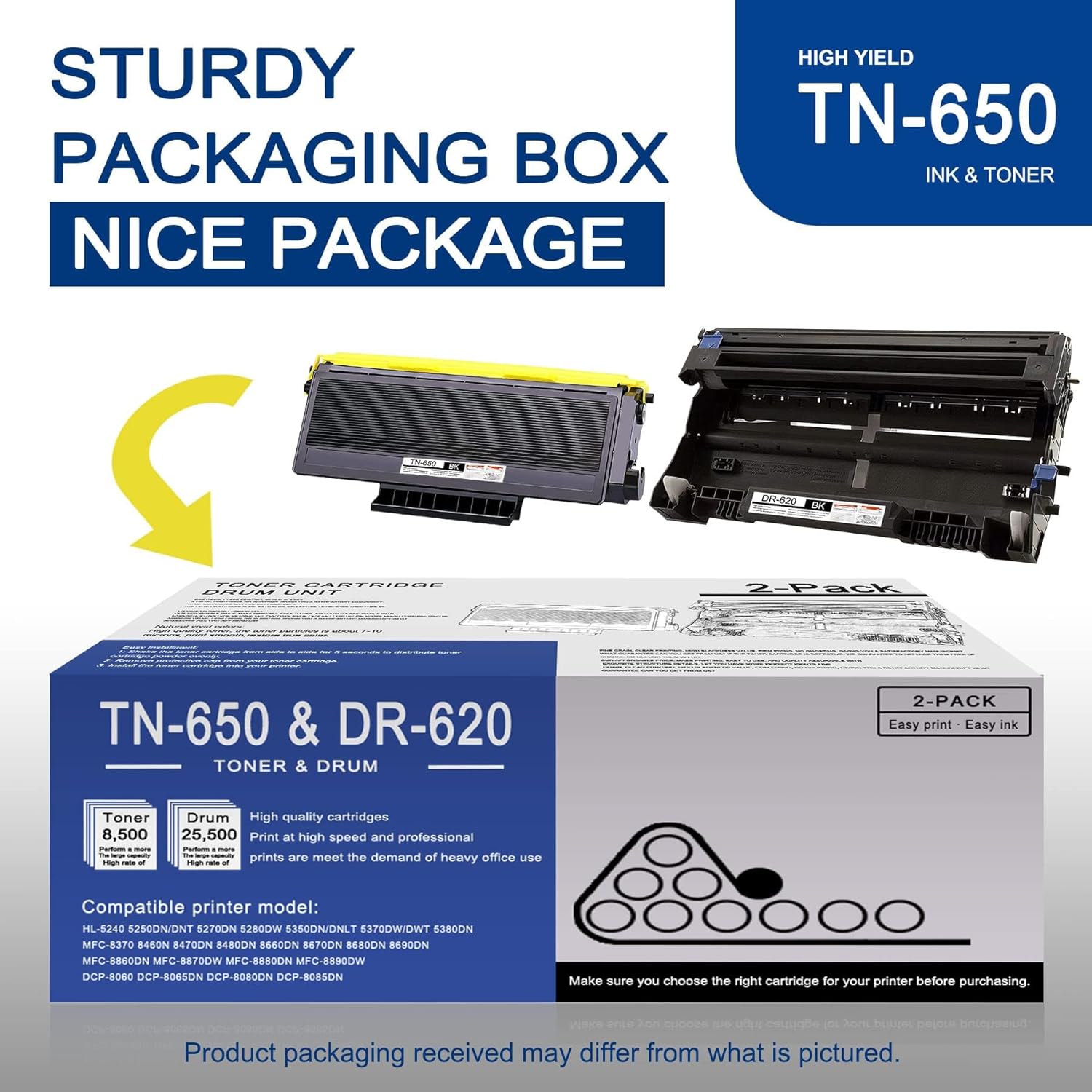 1 Pack TN-650 Toner Cartridge and 1 Pack DR-620 Drum Unit Replacement for Brother HL-5240 5250DN/DNT 5270DN 5280DW MFC-8370 8460N 8470DN 8480DN 8660DN 8670DN 8690DN 8860DN DCP-8060 8065DN Printe
