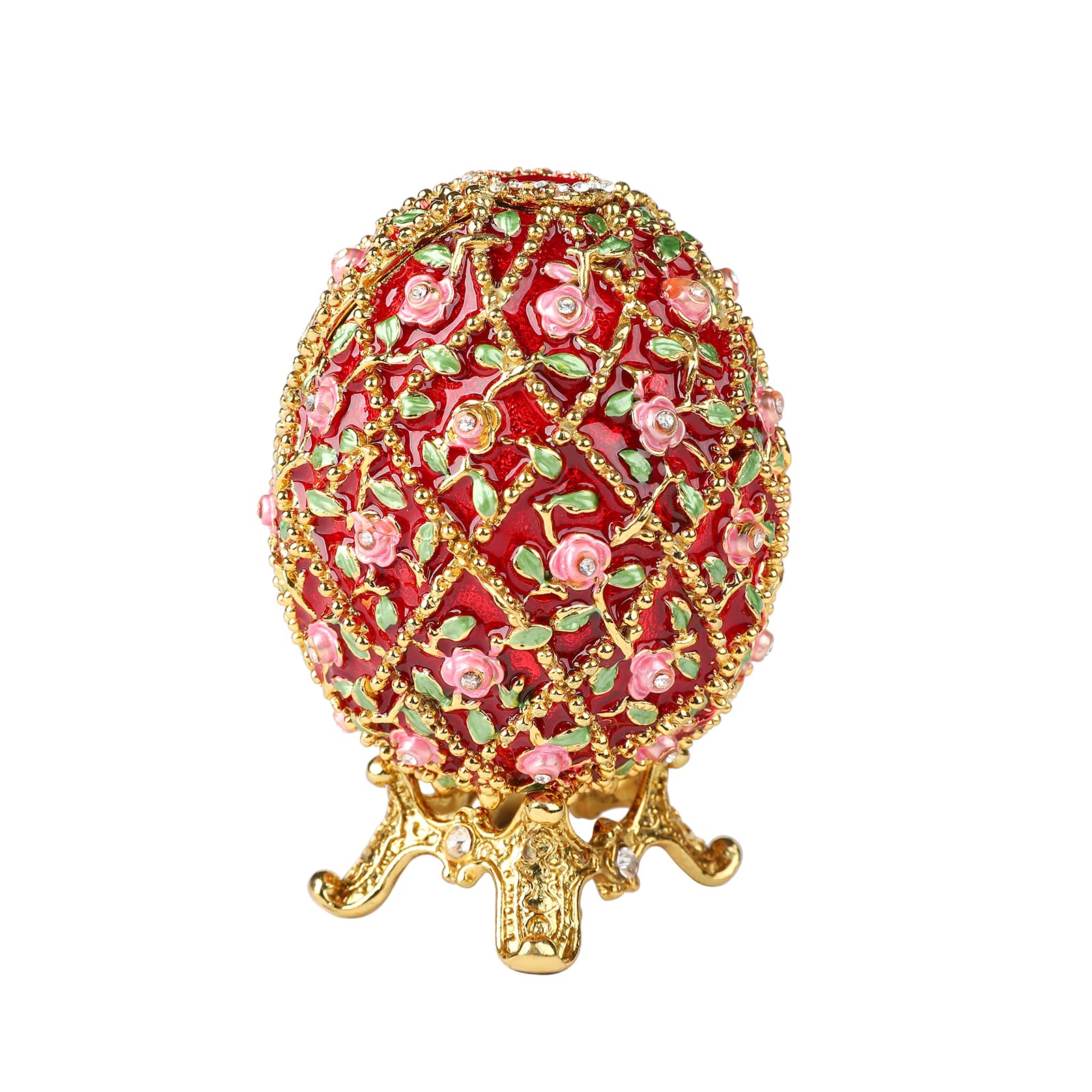 QIFU Figura de huevo Faberge rojo vintage pintada a mano con bisagras, regalo único para la familia..