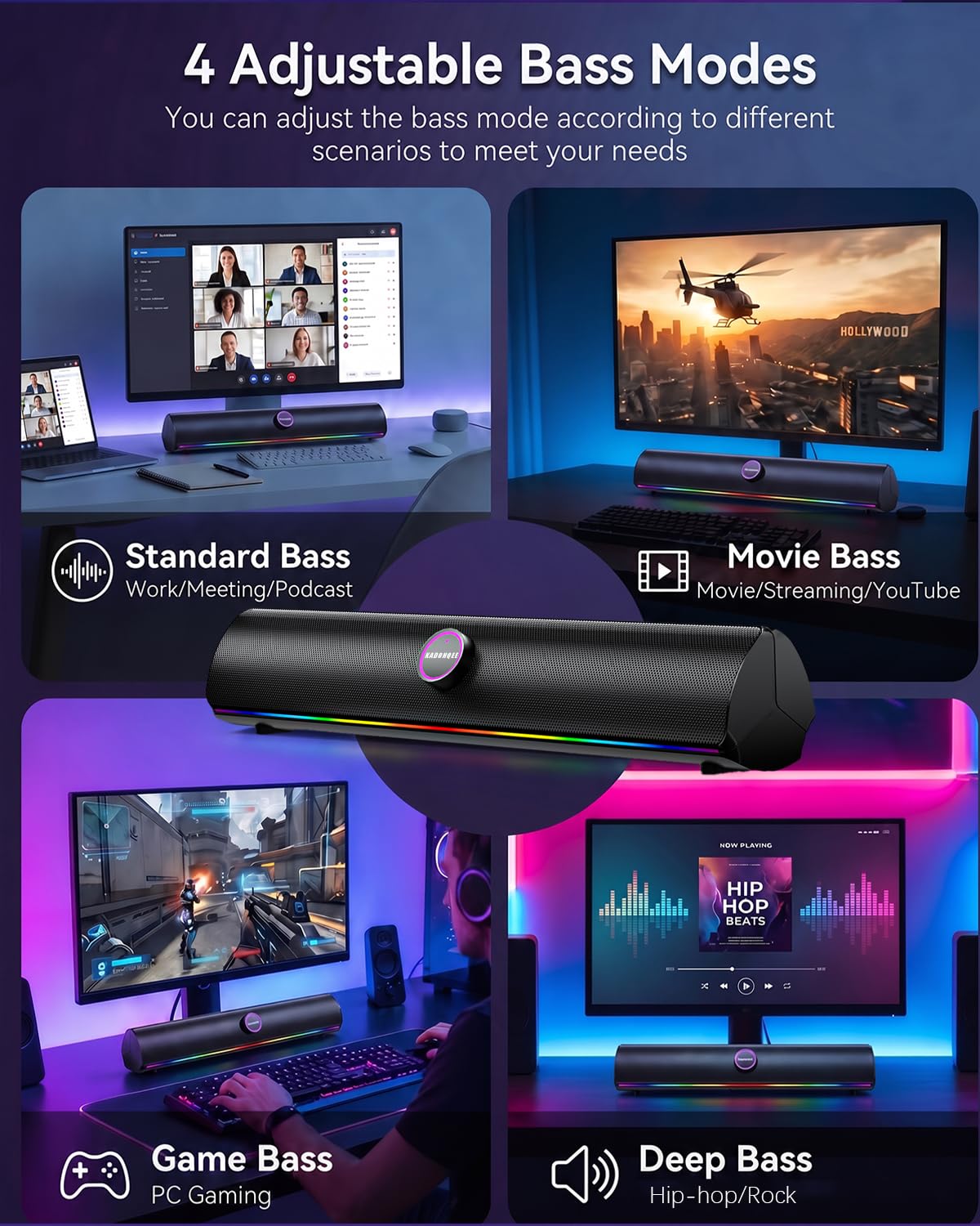 Haut-parleurs pour ordinateur de bureau, barre de son d'ordinateur, amplification des basses, haut-parleurs stéréo HiFi Bluetooth avec boutons tactiles pour ordinateurs portables, téléphone