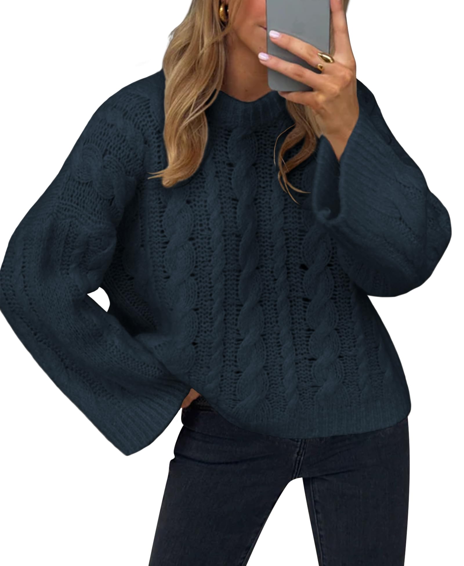 Womens Cable Knit Sweater Pullovers Crewneck Long Sleeve Oversized Y2k Vintage Fall Winter Cozy Chunky Sweaters