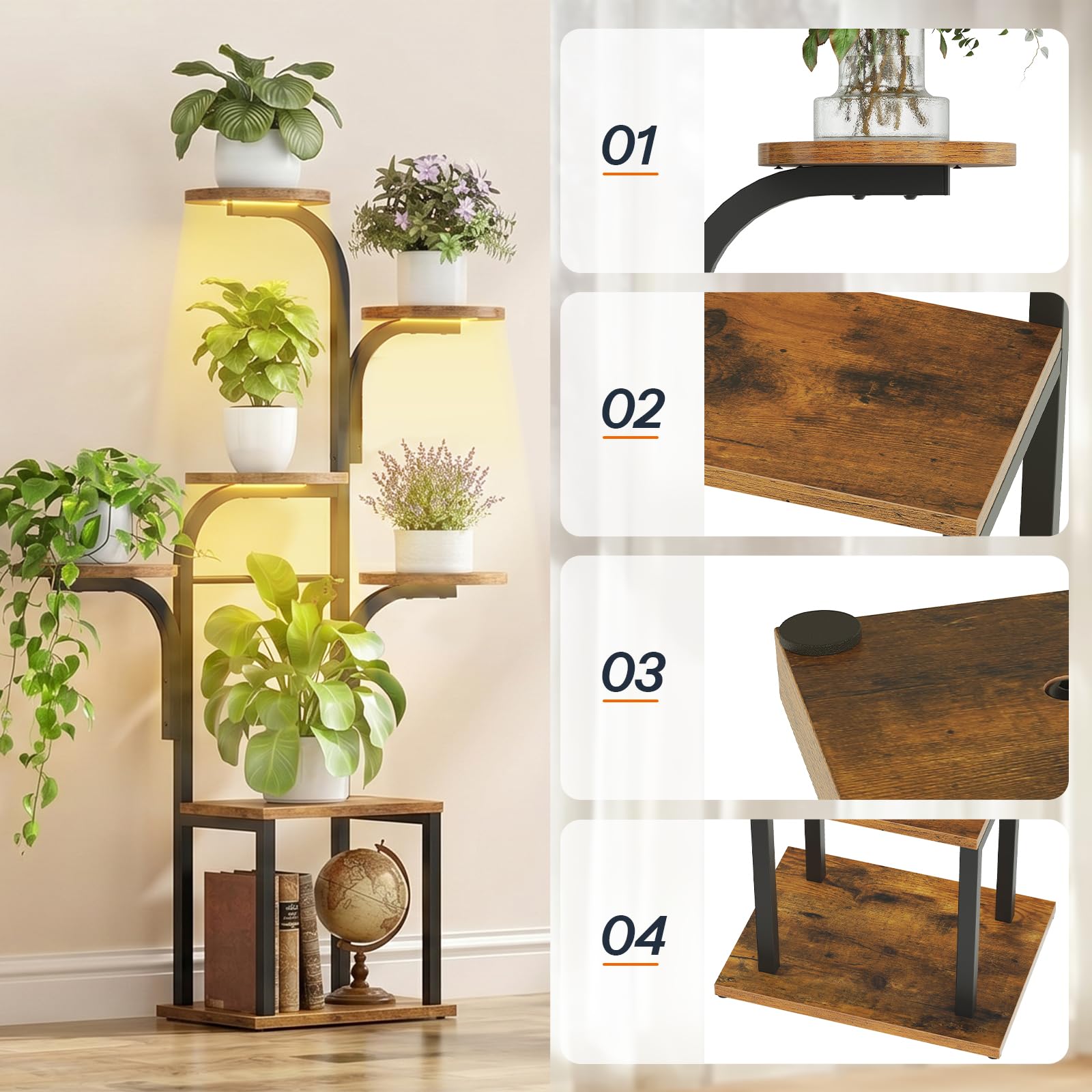 HOOBRO Support Plantes Interieur avec 3 Lampes de Croissance 7 Niveaux, Étagère Plante, Hauteur 120 cm, Minuterie 3/9/12 Heures, pour Salon, Chambre, Balcon, Marron Rustique et Noir EBF09DHJ01