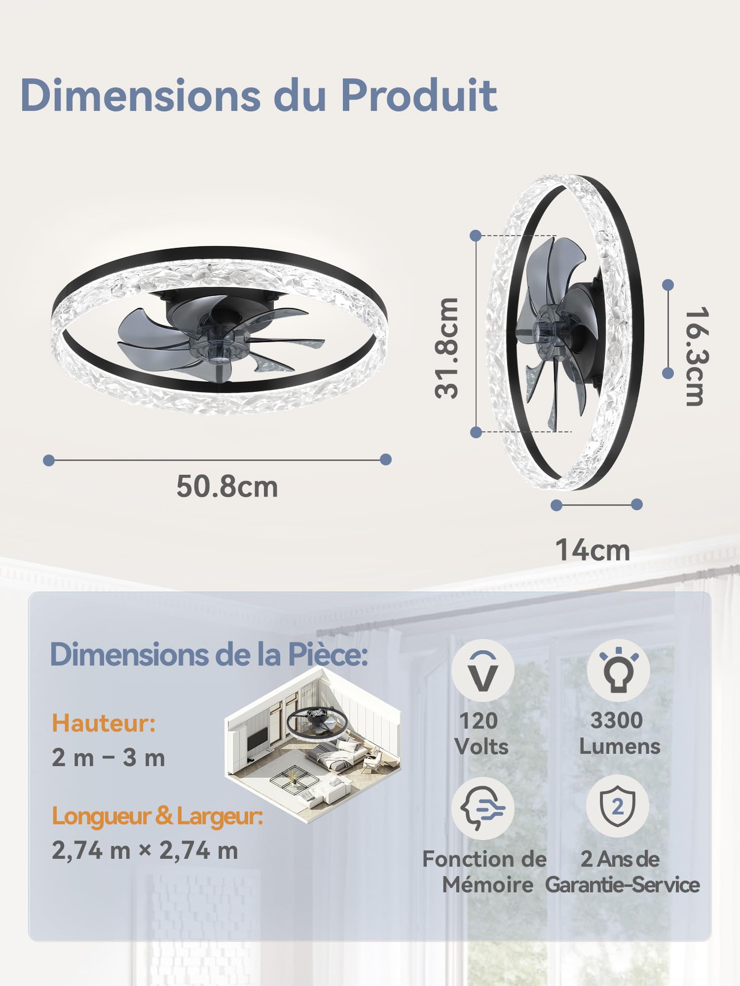 ZMISHIBO Ventilatore da soffitto con luce, Ø 50,8 cm, LED 3000K-6500K dimmerabile 10%-100%, Lampada Ventilatore da Soffitto, 6 velocità, silenzioso, timer, app e telecomando, moderno, nero