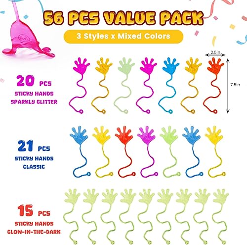 Vista 7 de POPLAY 56 unidades de manos pegajosas para fiestas, manos pegajosas brillantes y brillantes, juego de recuerdos de mesa para niños, bolsas