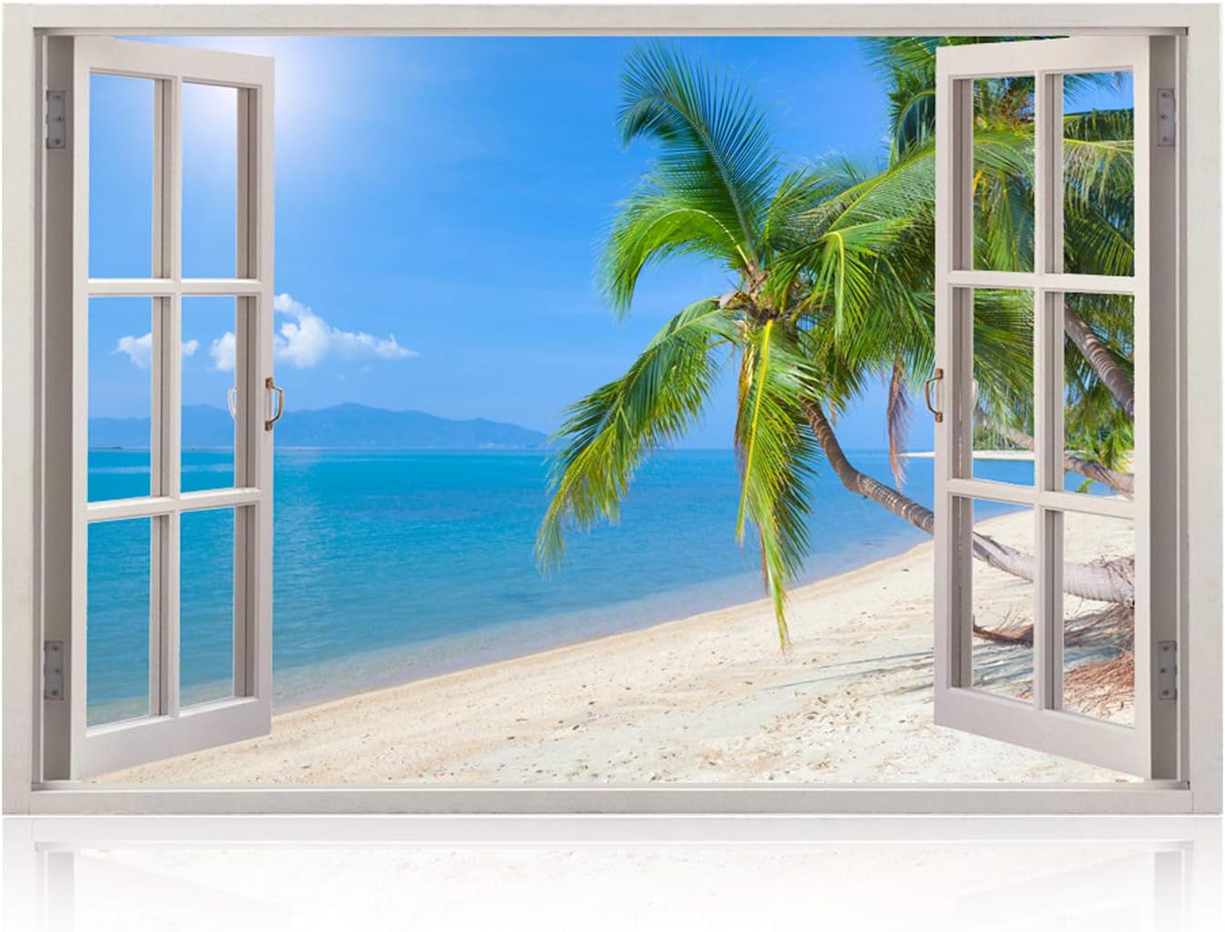 Huge 3D Vinyl Wall Decal Sticker by Bomba-Deal, Window Frame Style Home Décor Art Removable Wall Sticker, 33.5"X 47" (Sunny Day at the Beach Ocean Sea Scape View)
