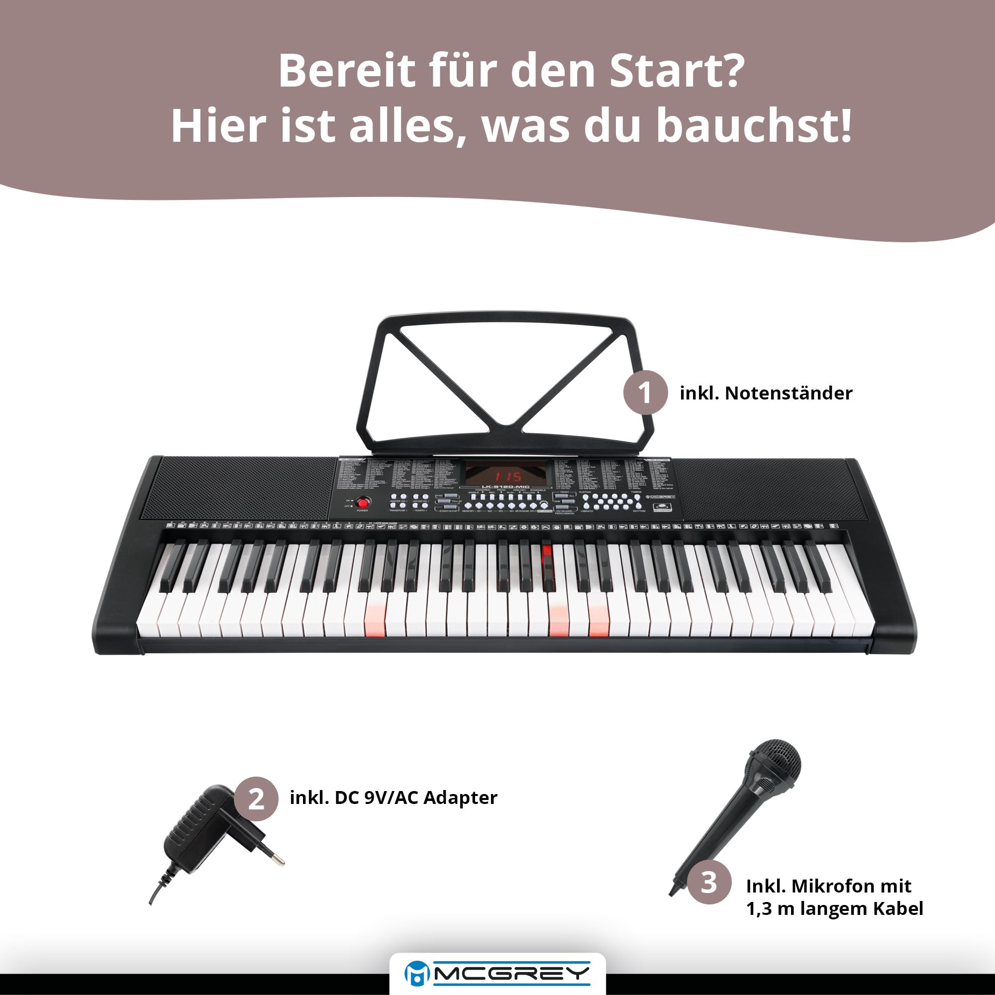 McGrey LK-6120-MIC Keyboard Taschen Set Schwarz - Einsteiger-Keyboard mit 61 Leuchttasten - 255 Sounds und 255 Rhythmen - 50 Demo Songs - Inklusive Mikrofon - Spar-Set inkl. Keyboardtasche