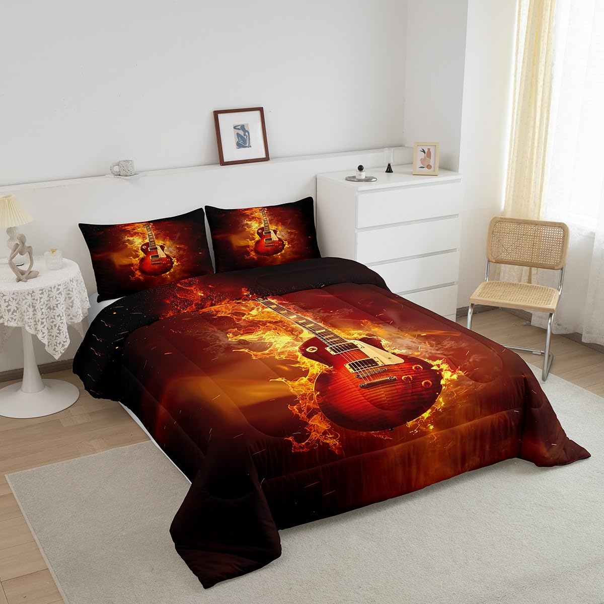 Juego de edredón tamaño King de guitarra, juegos de ropa de cama con temática de música rock, para jóvenes, hombres, adolescentes, niños, niñas, instrumentos musicales, juego de edredón de 3 piezas,