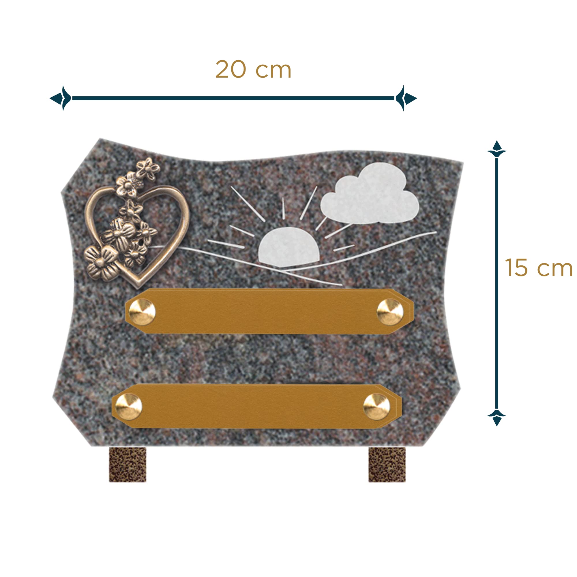 Plaque funéraire personnalisée - Granit - assemblée en France - gravure soleil nuage bronze coeur - H 15 X L 20 cm - 2 textes