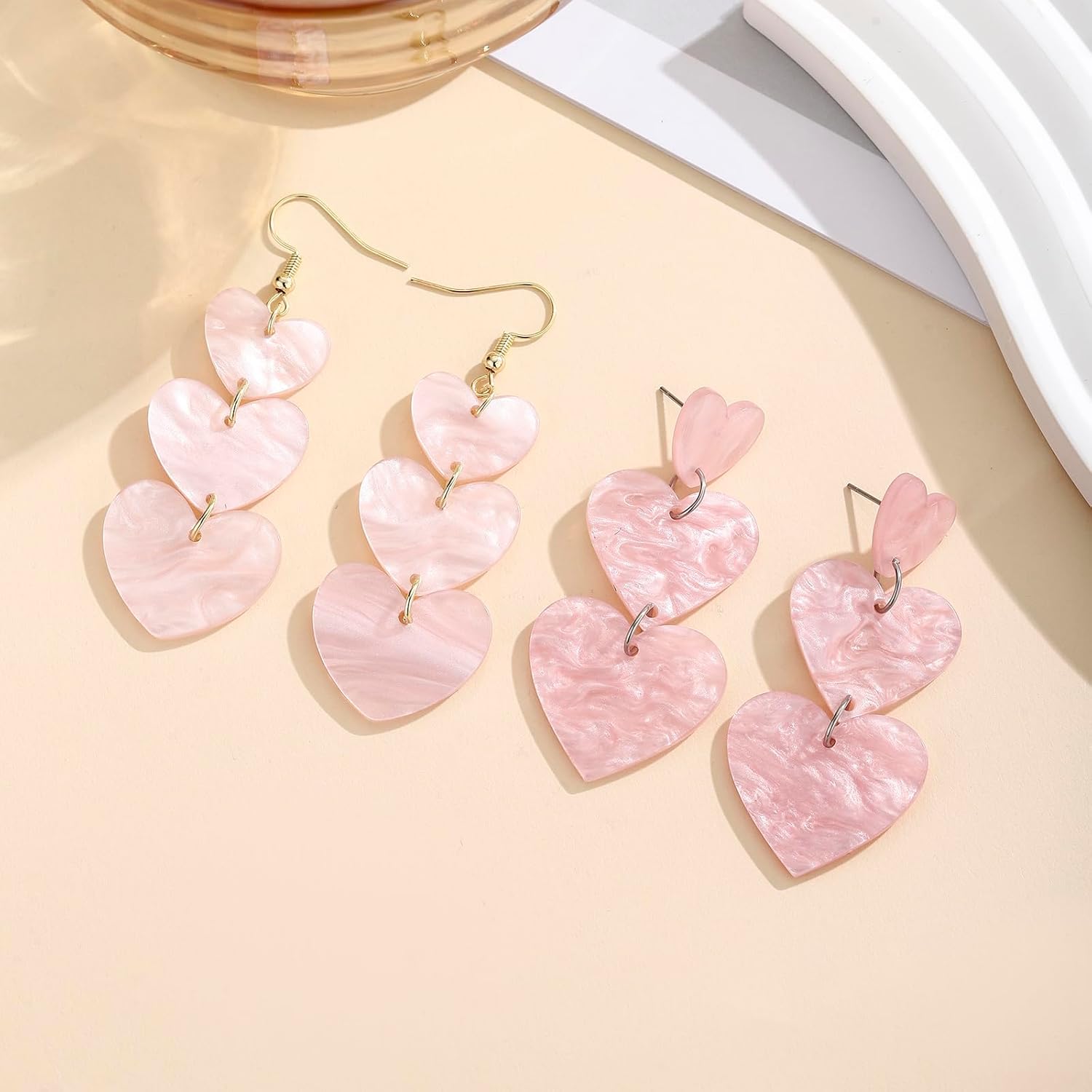 Marbled Pearlescent Pink Heart Dangle Earrings for Women, Hypoallergenic Acrylic Tiered Heart Statement Drop Earrings Minimalist Everyday Jewelry Gift for Valentines Mothers Day Christmas - Image 5