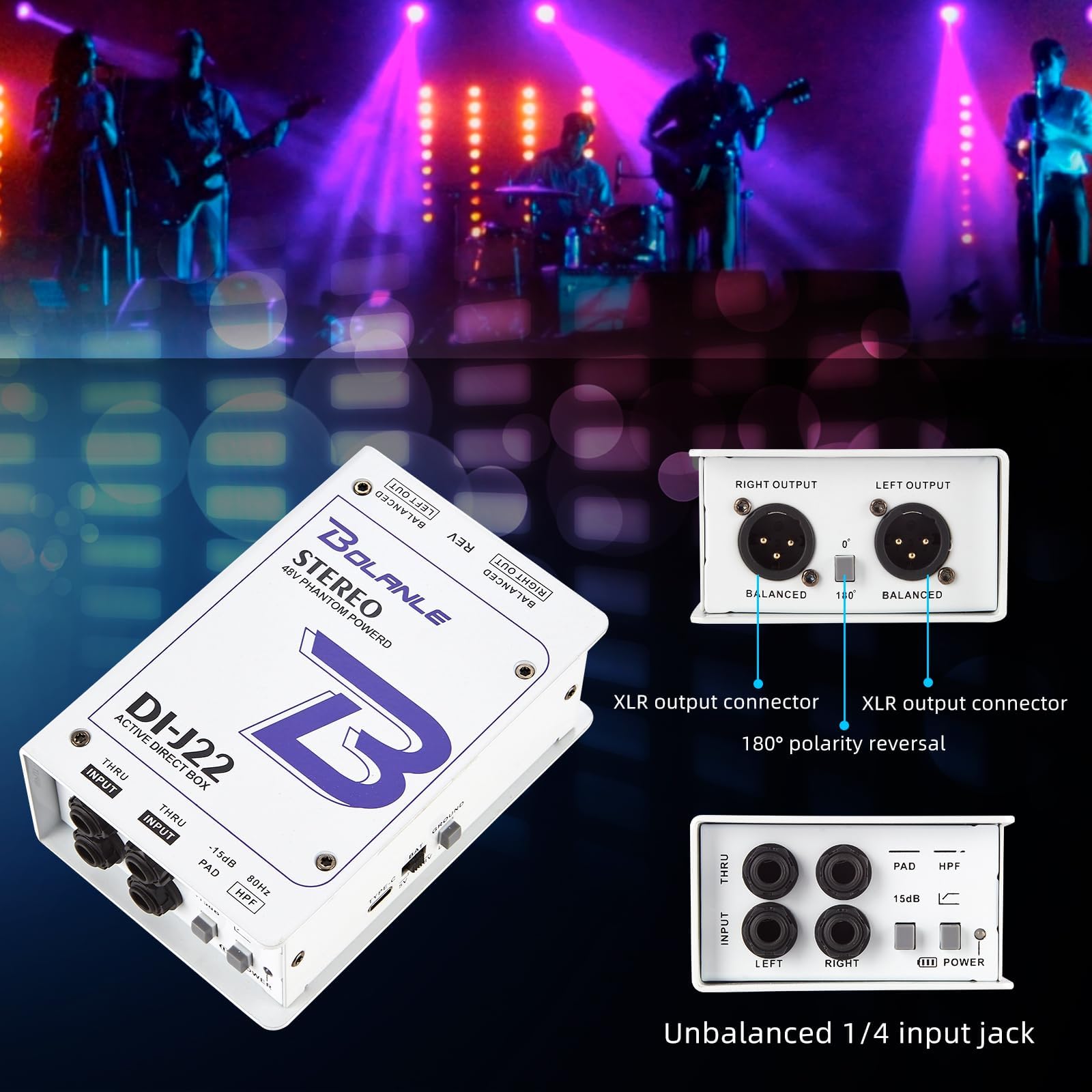Bolanle J22 Active Stereo DI Box – 2-Kanal Aktive Direct Box mit 48V Phantom/Batterie/USB Stromversorgung, PAD Switch für Live Sound