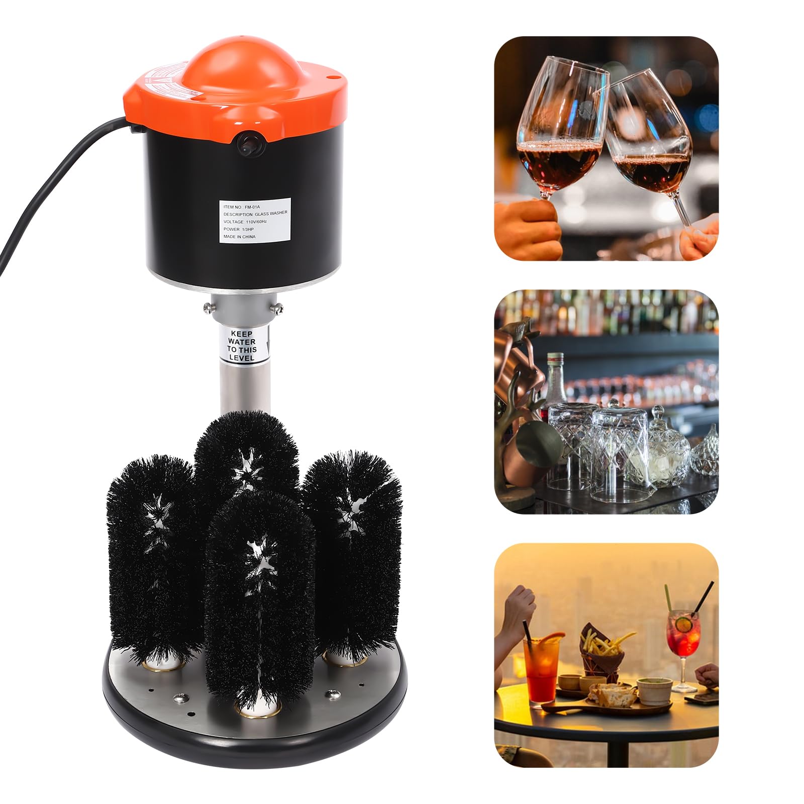banborba 5-Brush Electric Commercial Glass Washer | Electric Cup Washer | Wine Glass Cleaning Machine | Suitable for 1.89 to 3.94in Cup Diameter | 800 Cups/Hour | Perfect for Bars and Cafes